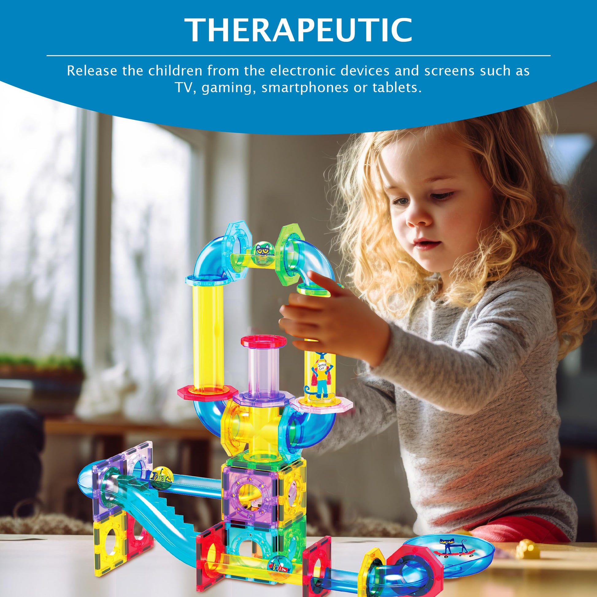 PicassoTiles 62pcs Magnetic Tile Pete the Cat Magnetic Marble Run Toy Set with Race Track Tubes Marbles and Stickers STEM Educational Construction