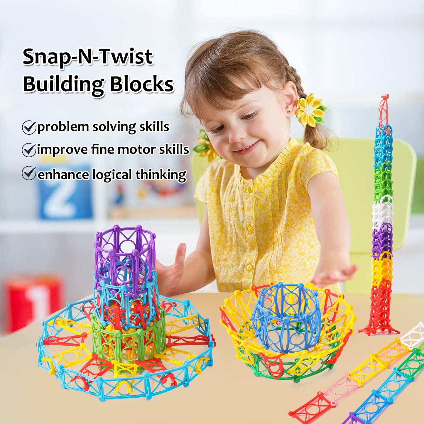 RAINBOW TOYFROG Snap-N-Twist Building Blocks - 270 Piece Set of Flexible Interlocking Math Manipulatives - Open Ended STEM Toys for 5 to 12 Year Old
