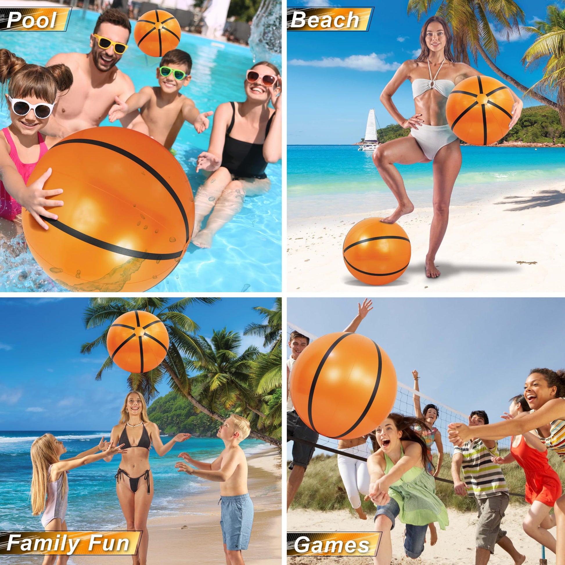 POZA 16-Inch Inflatable Beach Balls Set of 3 - Large Inflatable Sports Balls for Basketball Party Decorations or Summer Pool Party Decor