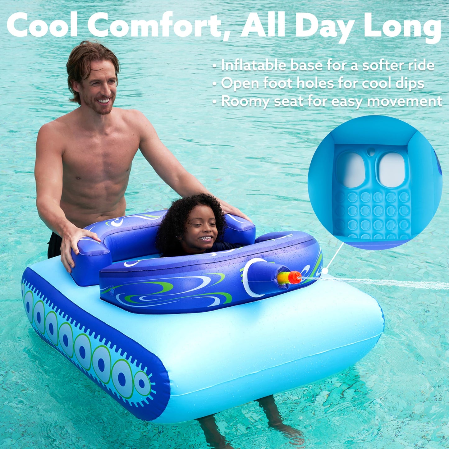 SLOOSH Inflatable Tank Pool Floats Kids, Pool Floaties Swimming Tank with Water Gun, Water Fight Toys, Inflatable Battle Fun for Summer