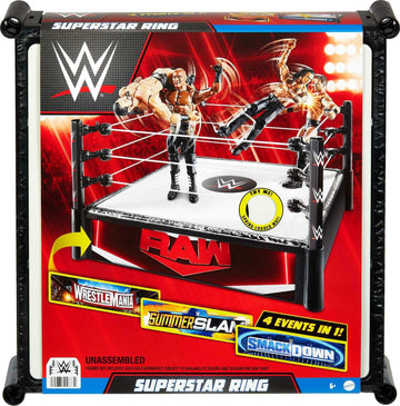 Mattel WWE Superstar Ring, 14 inches with Spring-Loaded Mat, 4 Event Apron Stickers & Pro-Tension Ropes for WWE 6-inch Action Figures