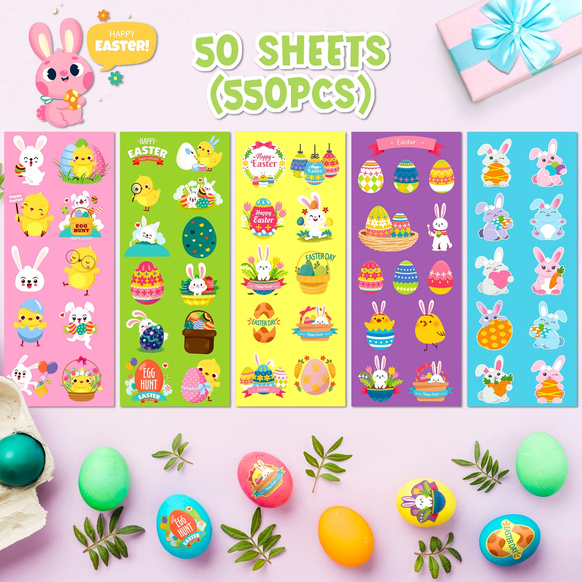 LINAYE 50 Sheets Easter Stickers for Kids - 550PCS Assorted Easter Stickers Bulk for Egg Treats Basket Stuffers Gift Party Favor Supplies for Kids