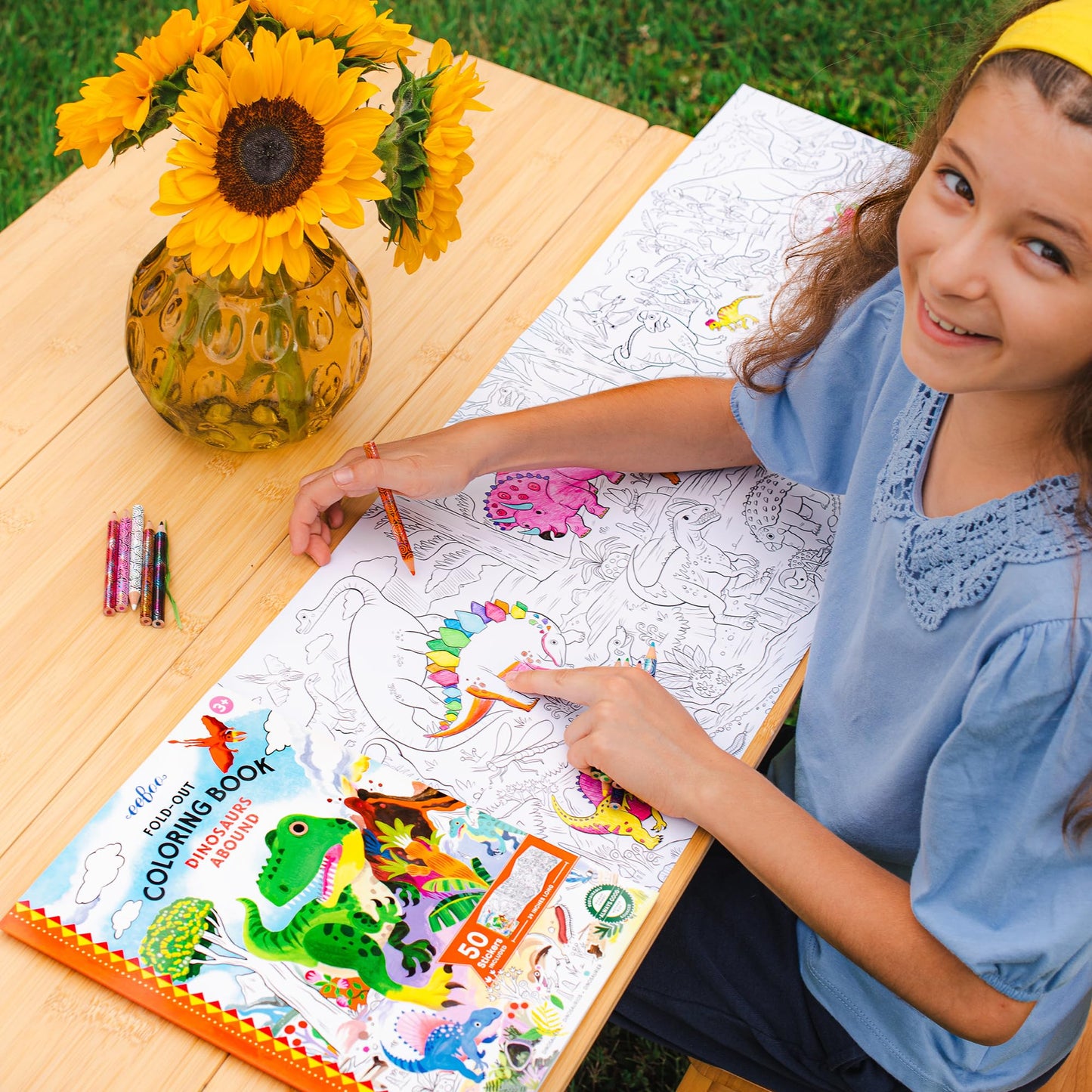 eeBoo: Dinosaurs Abound Fold-Out Coloring Book - 39" of Coloring Space, 50 Stickers, Screen-Free Activity for Kids Ages 3 and up