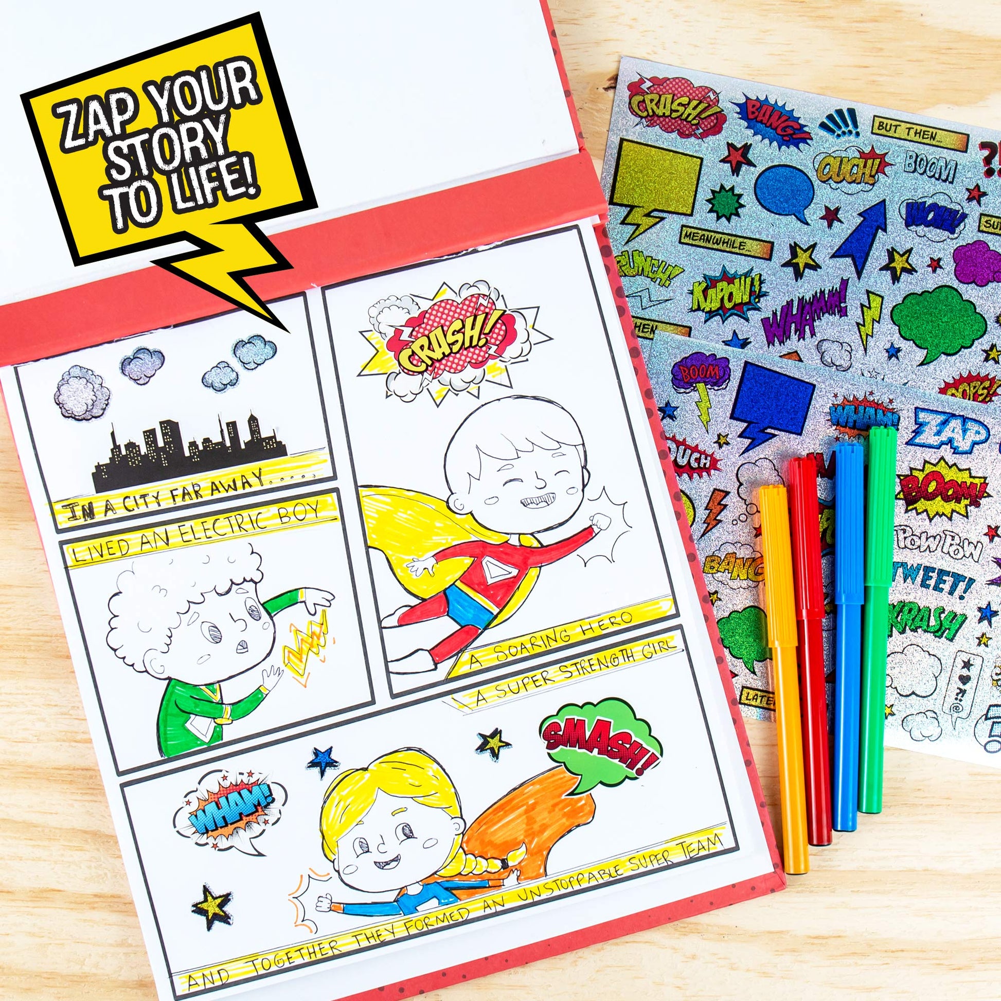 Made By Me Make Your Own Comic Book Storytelling Kit for Kids, 15-Page, Hardcover, How-to Draw Instructional Guide, Comic Inspired Stickers & Stamp