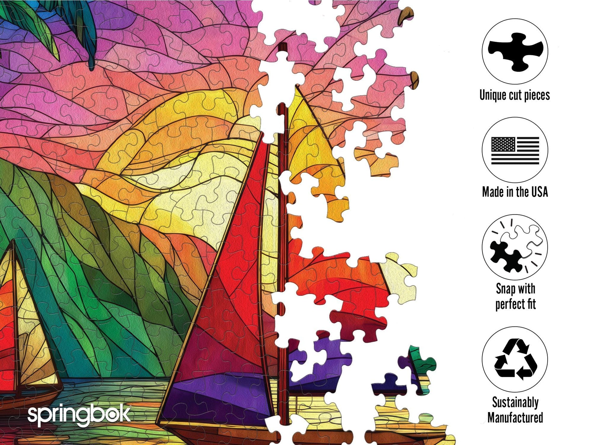 Springbok Tropical Sailing 500 Piece Square Jigsaw Puzzle for Adults - Poster Now Included - Stained Glass Sail Boat - Unique Cut Pieces - Made in USA