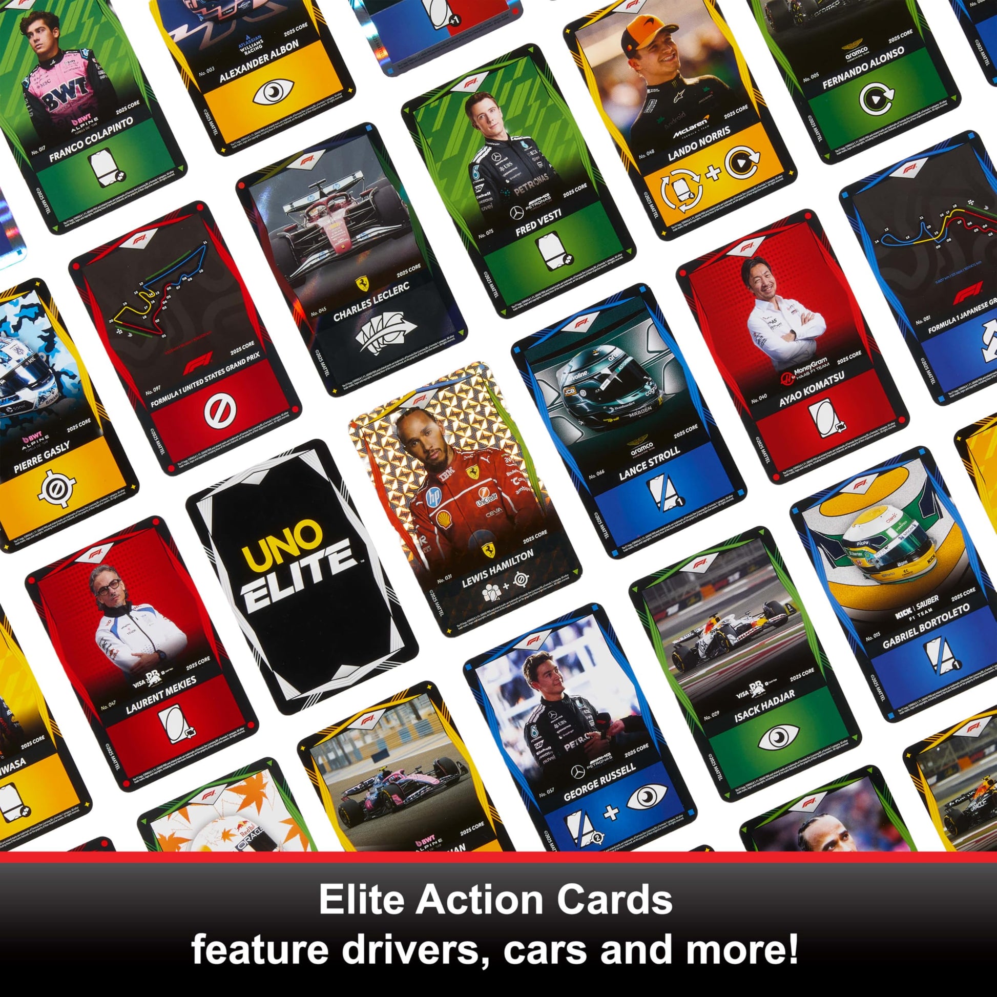 Mattel Games UNO Elite Formula 1 Booster Set 2 Pack with 60 Elite Action Cards, 2025 Core Edition