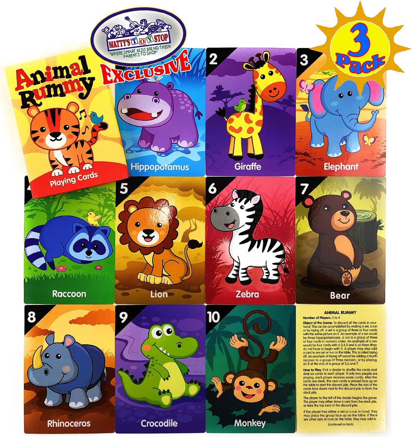 Matty's Toy Stop Deluxe Jumbo Classic Playing Card Games Set (6.75" x 4.75") Featuring Go Fish, Old Maid & Animal Rummy - 3 Pack