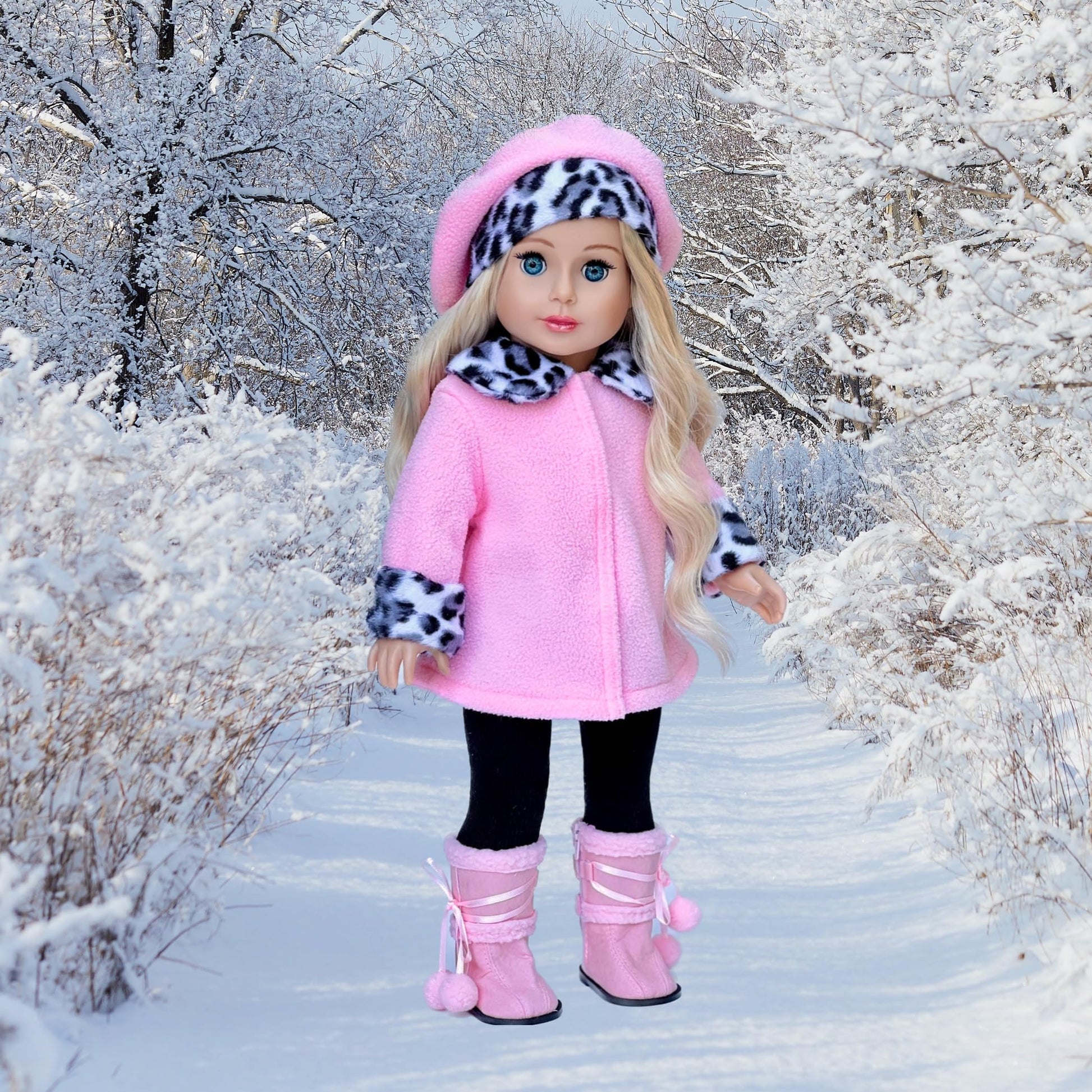 Elegance - 4 Piece 18 inch Doll Outfit - Pink Fleece Coat, Matching Hat, Brown Pants and Sherpa Boots - (Doll Not Included)