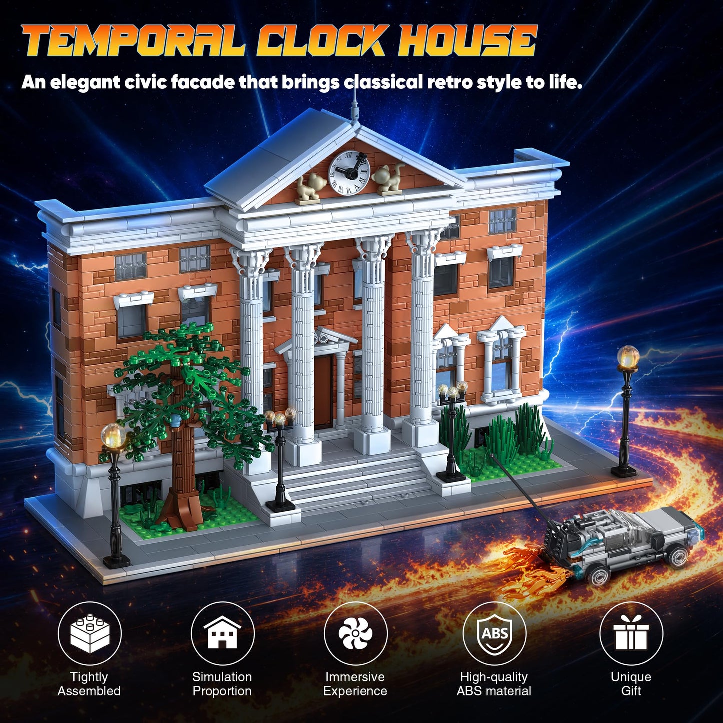 HiDectee Future Clock House Building Blocks with Retro Sports Car - 2-in-1 City Architecture Building Set Display & 5-Room Interior Diorama - Creative