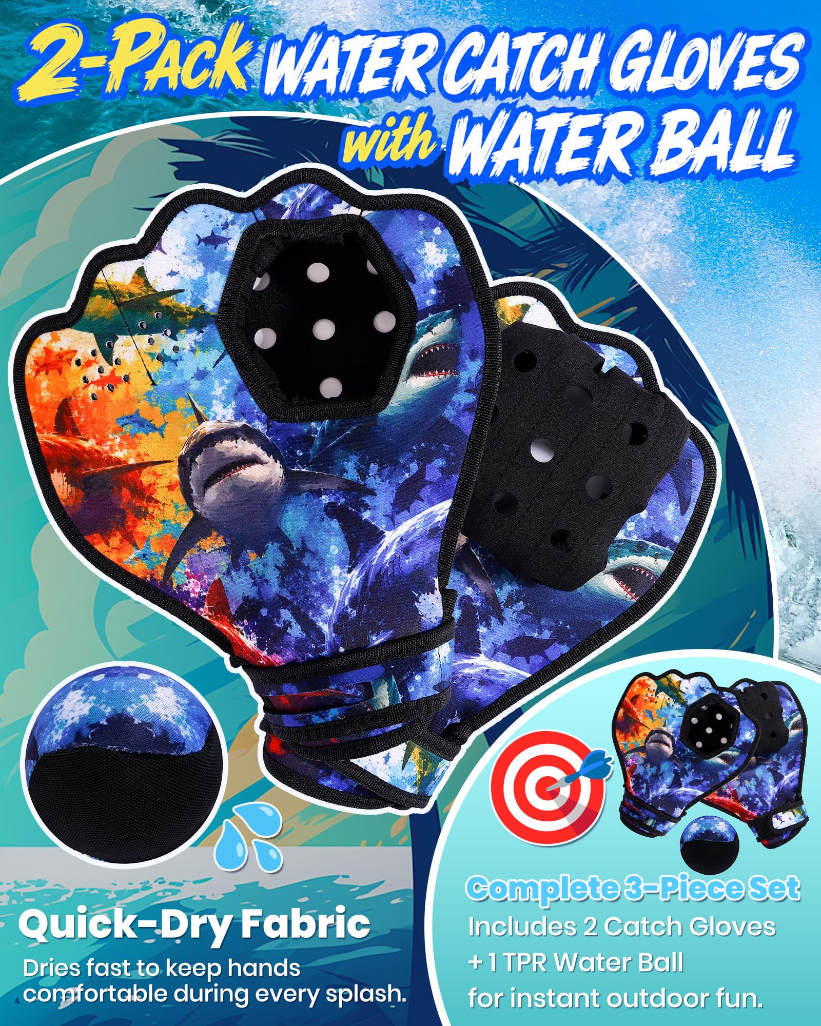 Water Baseball Gloves Set for Pool & Beach Games-for Beach Games & Swimming Pool Toys,1PC Water Bouncing Ball with 2PCS Pool Baseball