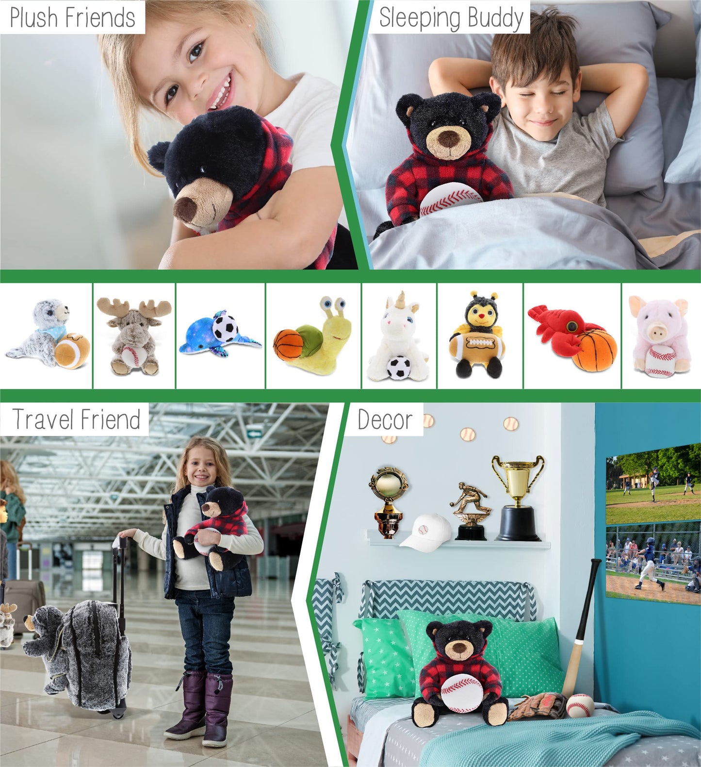 DolliBu Black Bear with Baseball Plush with Red Plaid Hoodie - Soft Huggable Bear, Playtime Teddy Bear Plush Toy, Baseball Plush Stuffed Animal Toy