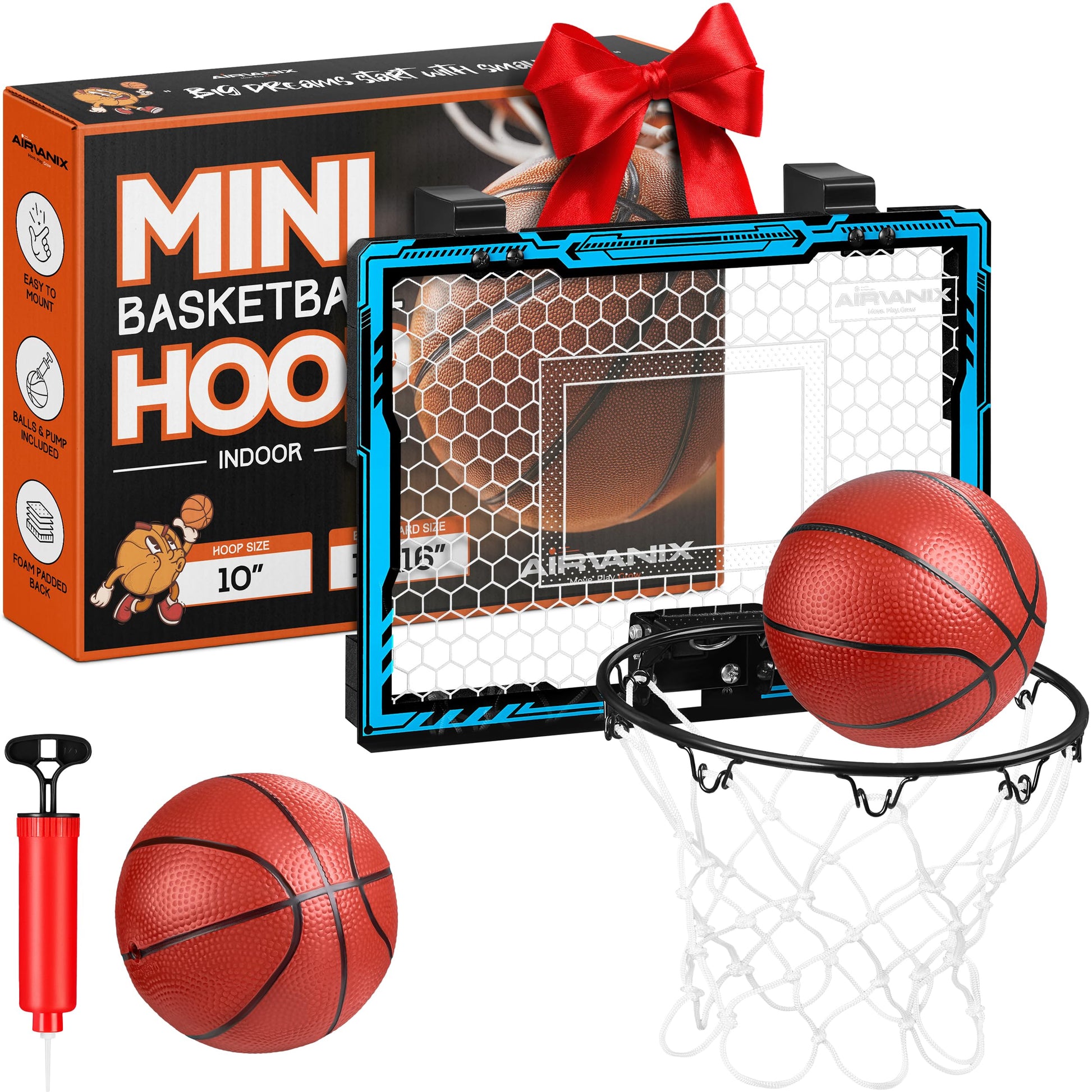 AIRVANIX Mini Basketball Hoop for Kids | Spring-Loaded Rim for Slam Dunks, Extra Backboard Padding | Foldable Indoor Basket Ball Hoops | 2 Over