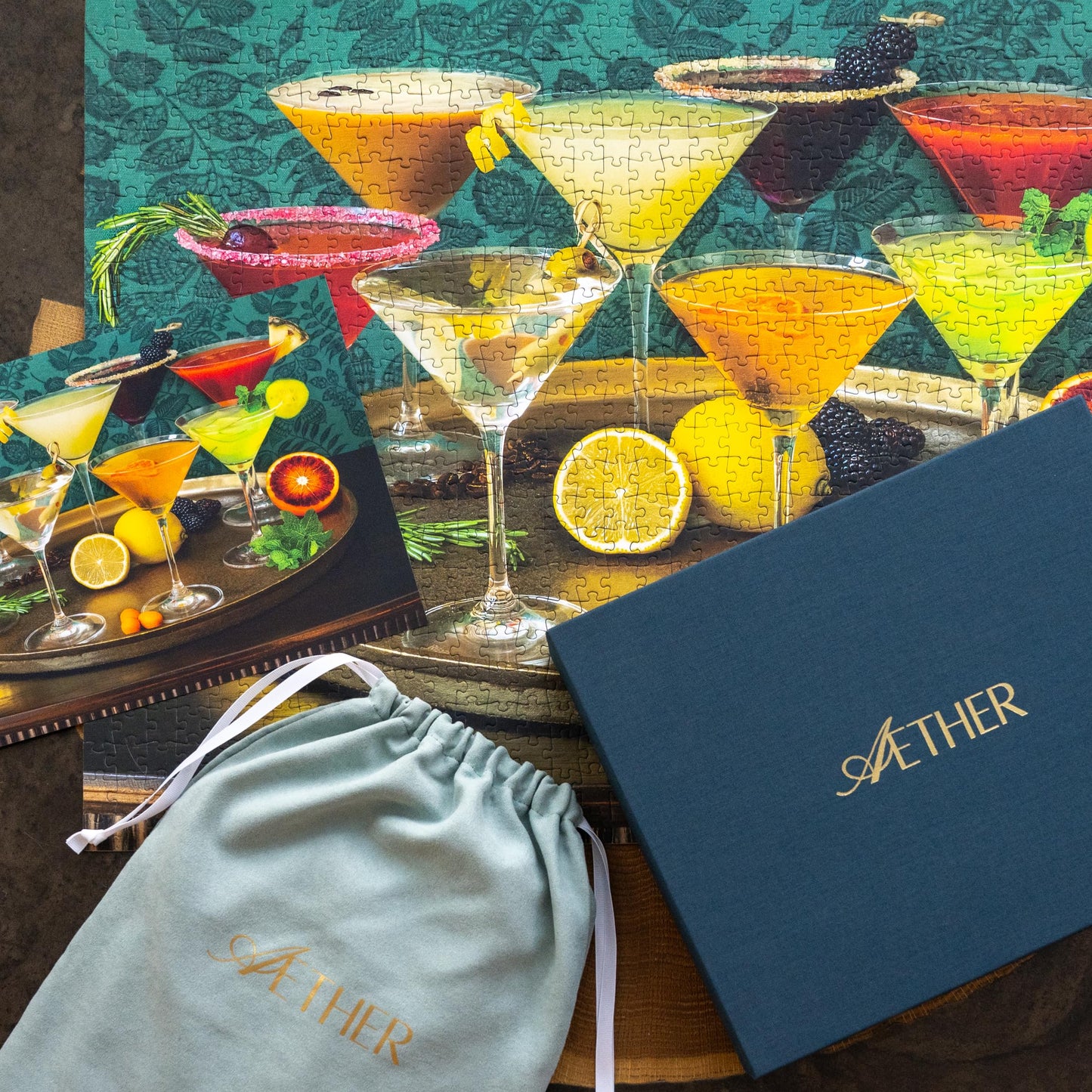 Aether Puzzles - Shaken, Styled, Stirred Cocktail Puzzle, Premium 1000 Piece Jigsaw Puzzle for Adults, Glare-Free, Soft-Touch Puzzles, Made in USA