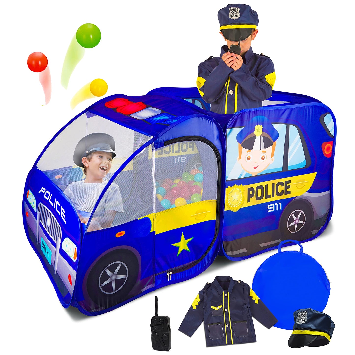 Police Car Pop Up Play Tent with Sound Button and Policeman Officer Costume for Kids, Toddlers, Boys, Girls, Indoors & Outdoors - Playhouse