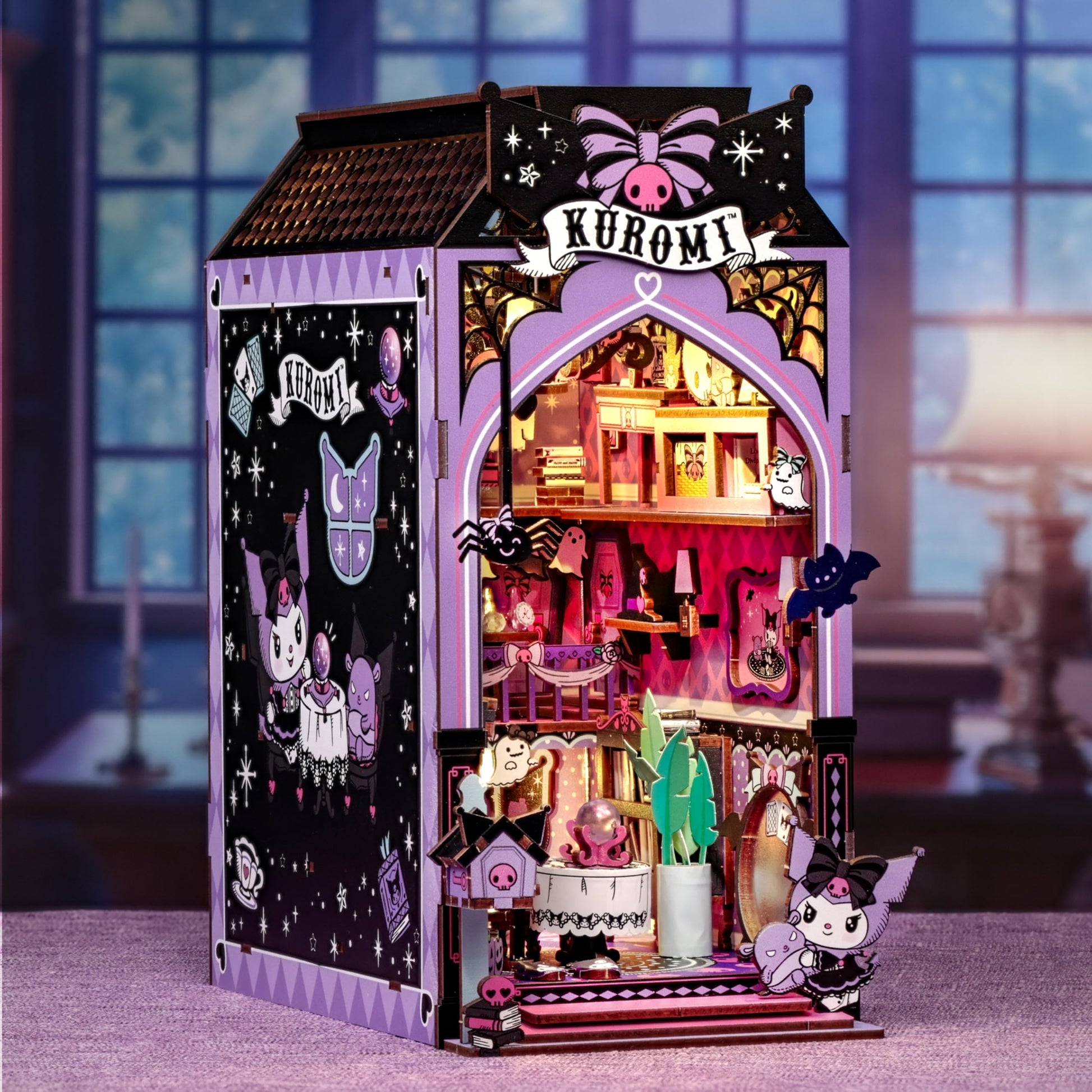 Hands Craft Kuromi Spooky House DIY Book Nook Kit - Official Sanrio Miniature Shelf Insert with Touch LED - 283-Piece 3D Puzzle for Adults & Teens