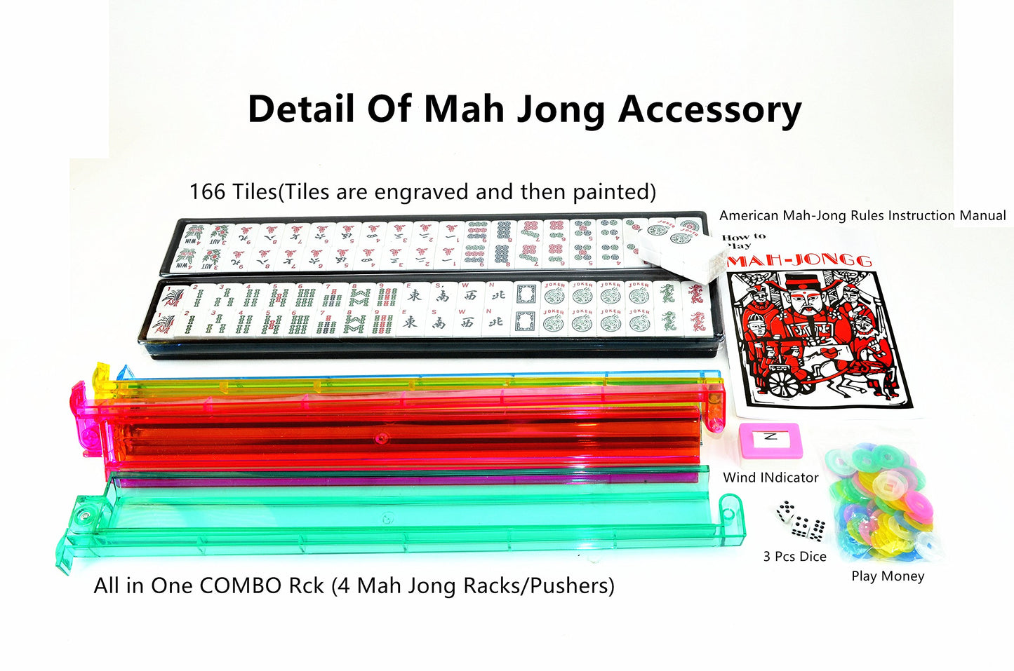 HNDTEK American Mahjong Set - Complete Set with Quilted PU Leather Carrying Bag, Tile Racks with Pushers, 166 Engraved Tiles, Dice, Bettor,