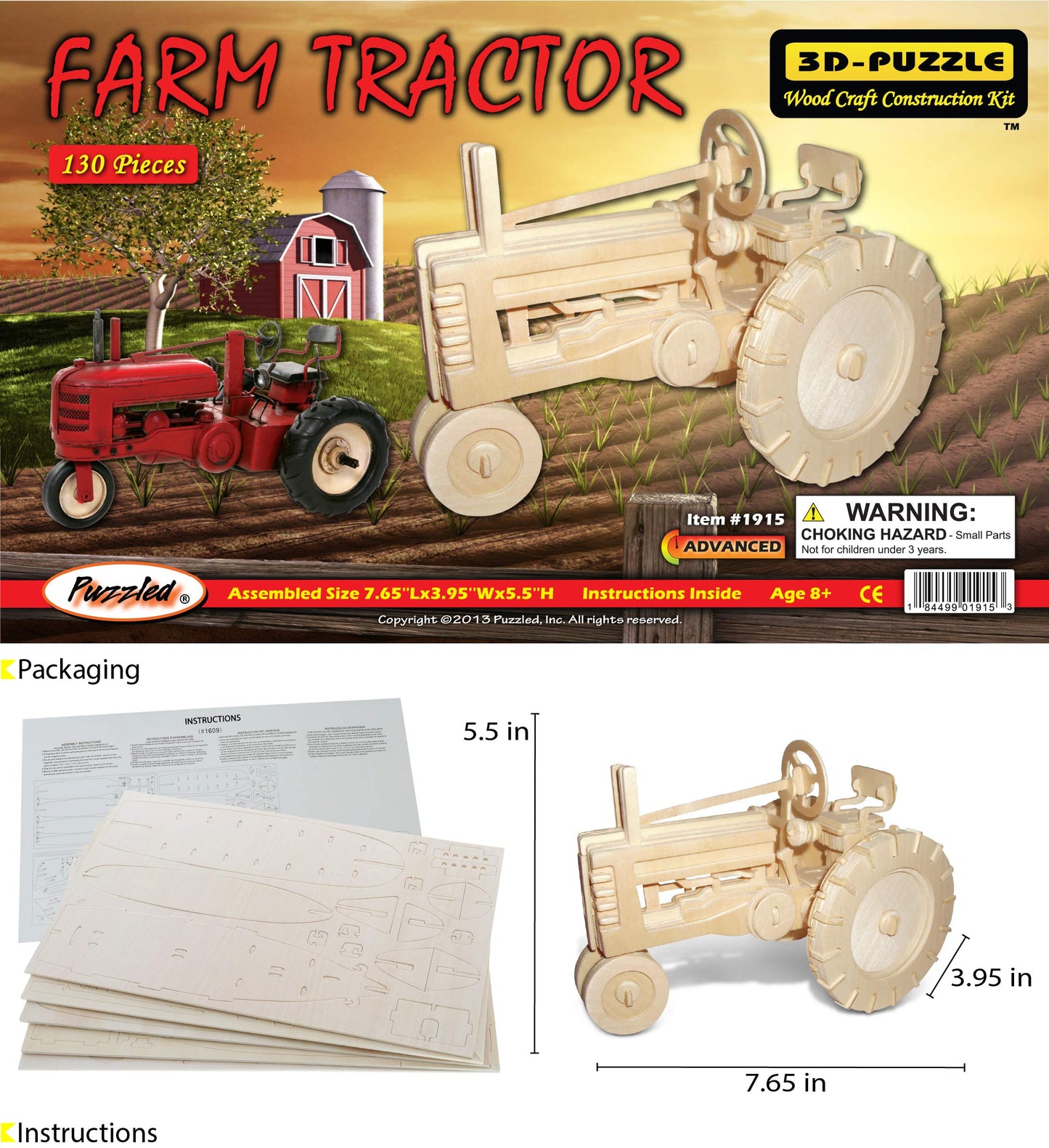 Puzzled 3D Puzzle Farm Tractor Set Wood Craft Construction Model Kit, Fun & Educational DIY Wooden Toy Assemble Model Unfinished Crafting Hobby Puzzle