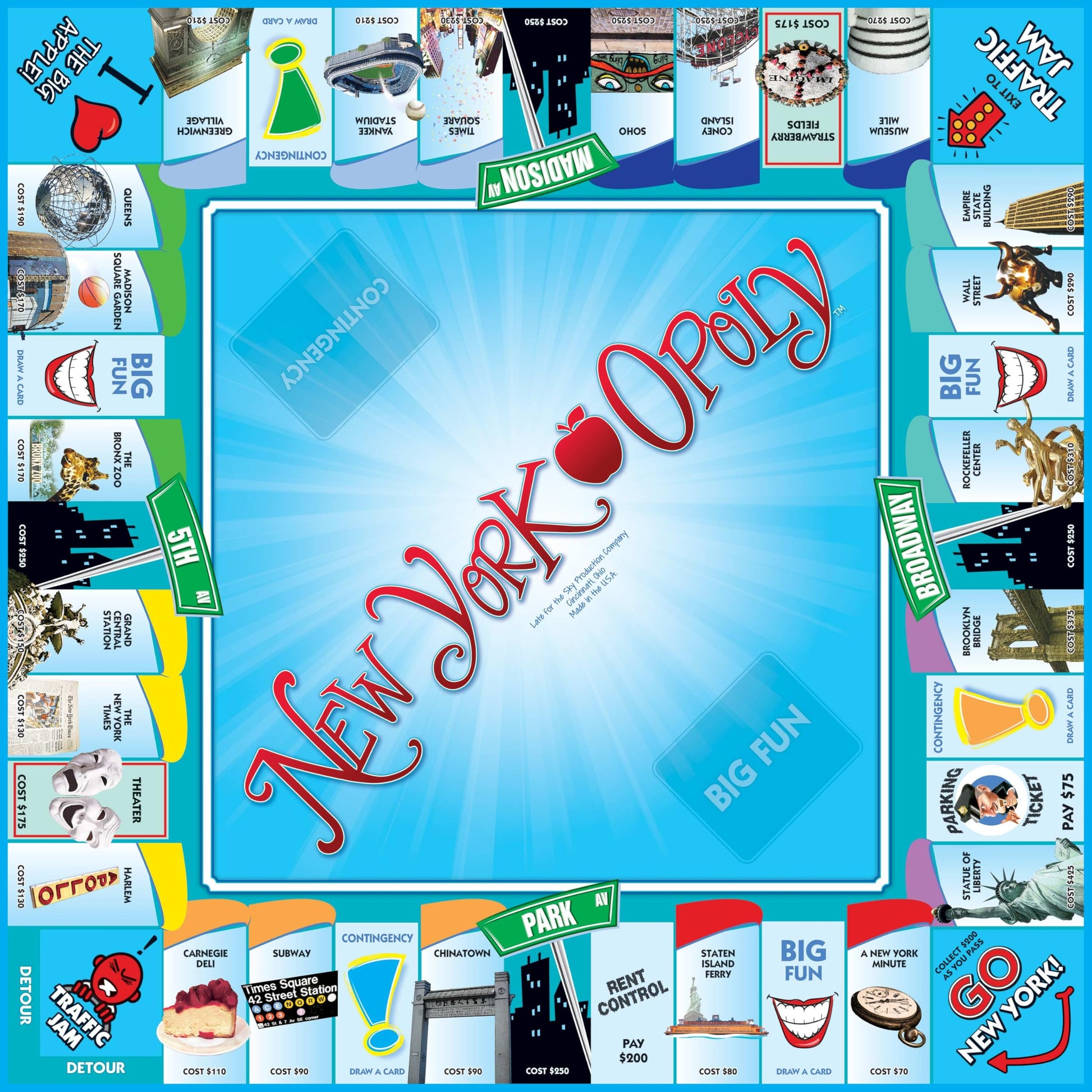 Late for The Sky New York Opoly - Property Trading Family Board Game, 2-6 Players, NYC Landmarks, Educational City Theme, Fast Play 60-Minute Option