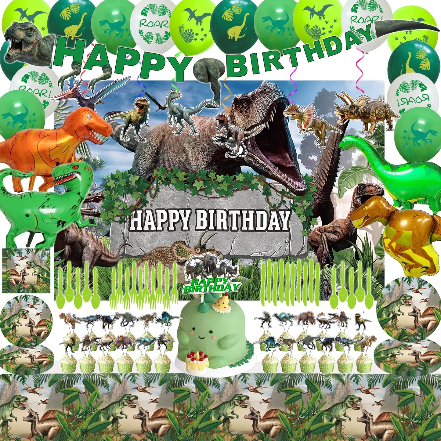 Dinosaur Themed Birthday Party Decoration Kit - Includes Backdrop, Tablecloth, Birthday Banner, Cake/Cupcake Toppers, Hanging Swirls, Disposable