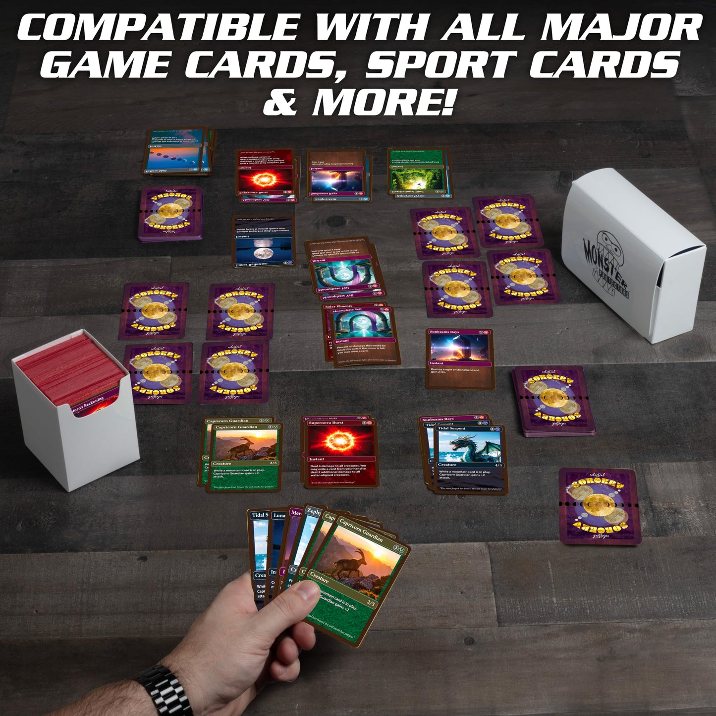 Monster Protectors Magnetic Double Deck Box- Pink, Holds 150 TCG Cards, Self-Locking Closure- Compatible with Pokémon, MTG Magic: The Gathering, &