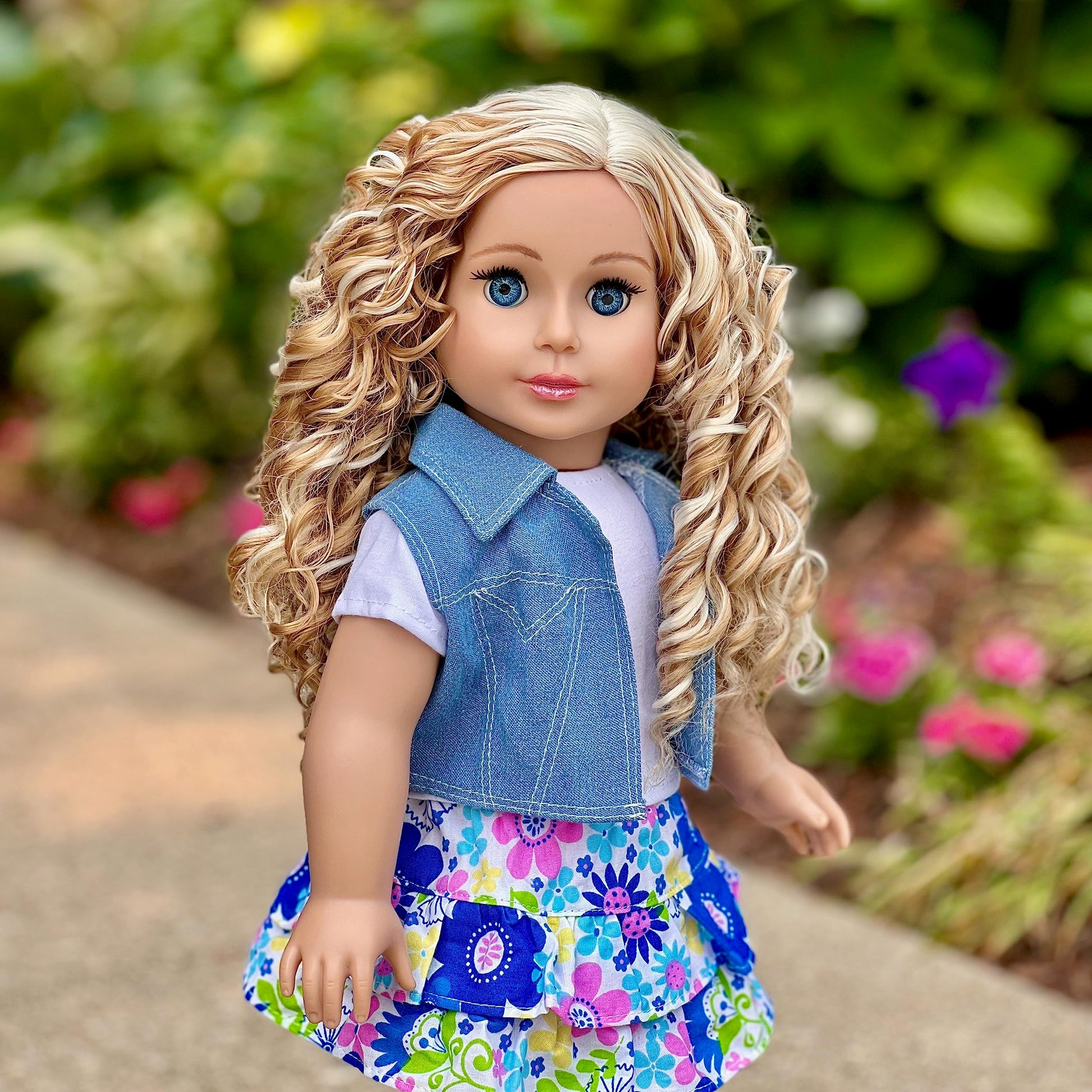 Feeling Happy - 4 Piece Outfit - Skirt, White T-Shirt, Blue Jeans Vest and White Cowgirl Boots - Clothes Fits 18 Inch Doll (Doll Not Included)