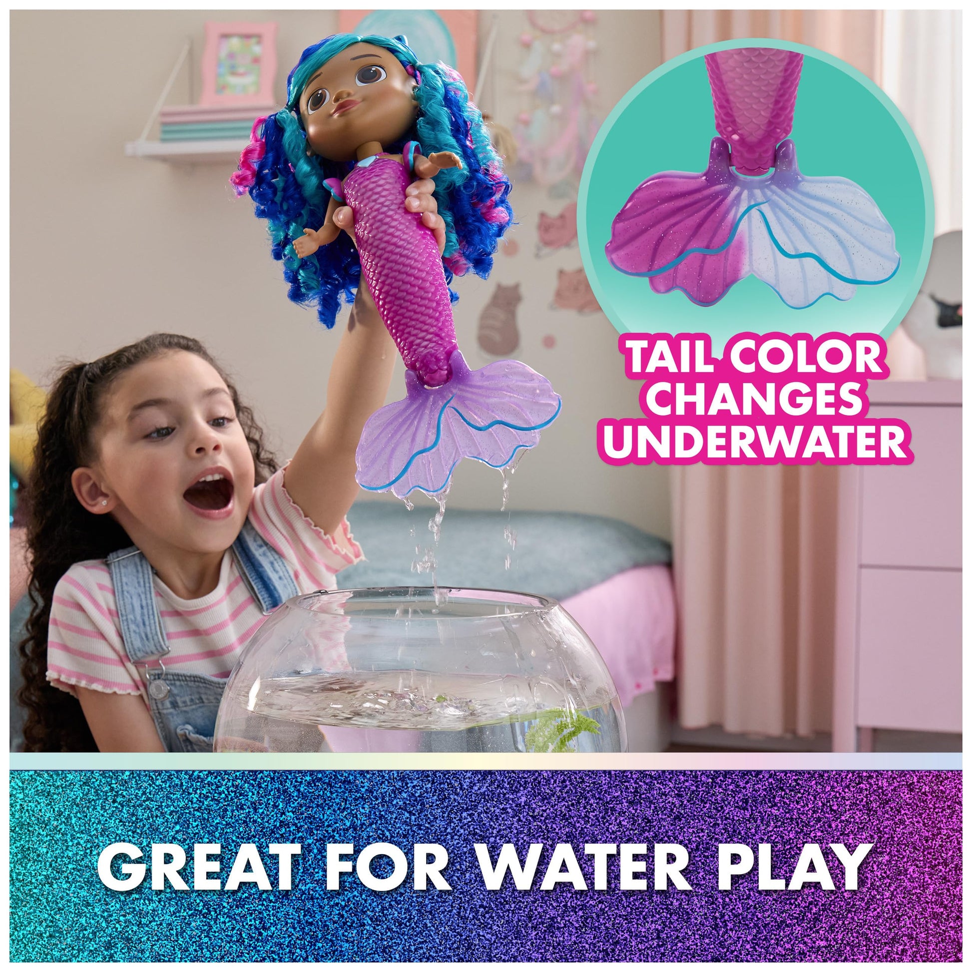 DreamWorks GABBY'S Dollhouse The Movie, Sing & Shine Mermaid Gabby, Waterproof Mermaid Doll with Lights & Sounds, Kids Toys for Girls & Boys Ages 3