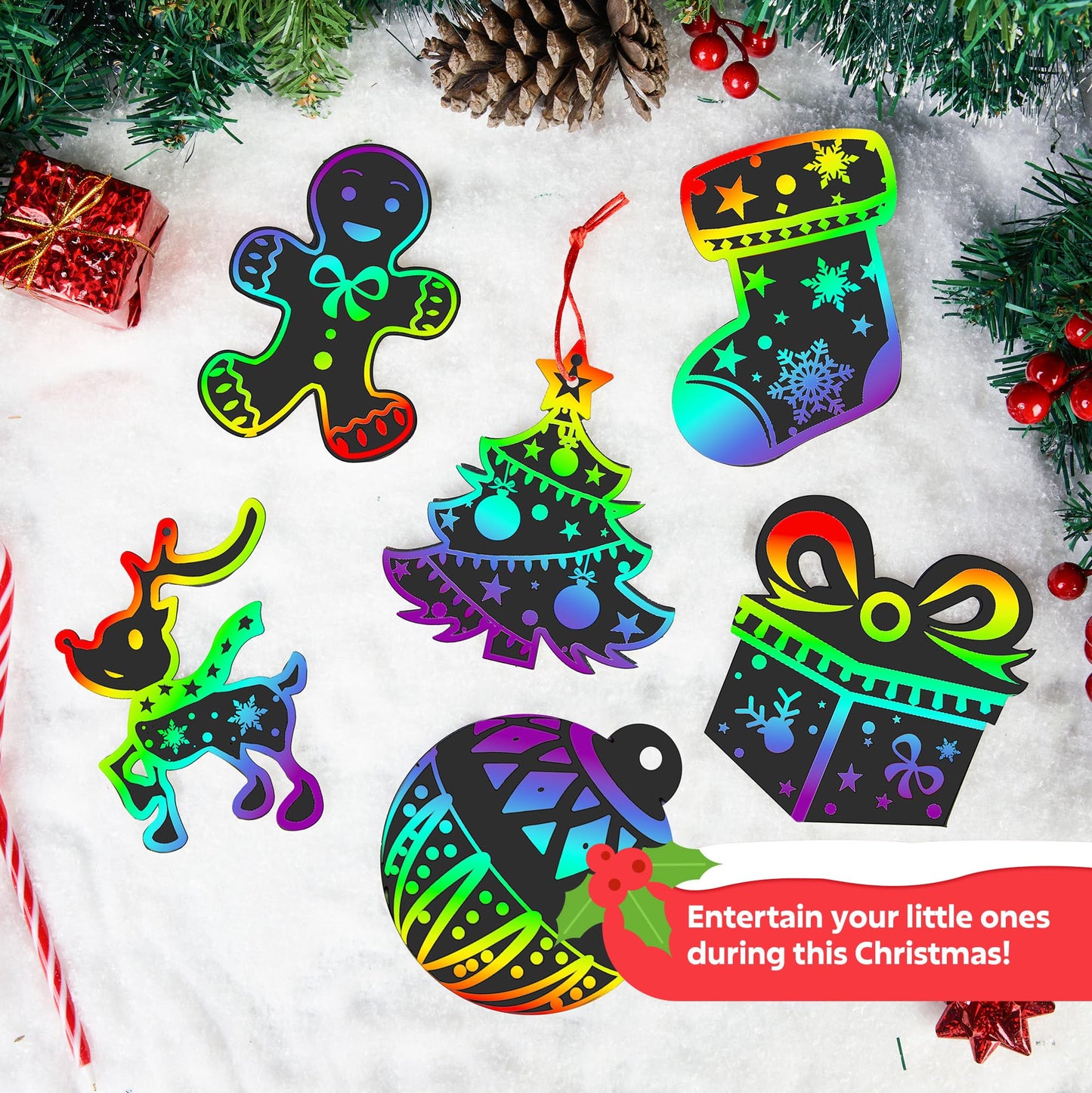 JOYIN 72 Pcs Christmas Scratch Art Ornaments, Rainbow Color Scratch Paper Craft Kit Include Snowman, Christmas Tree, and Reindeer, Scratch Off Hanging