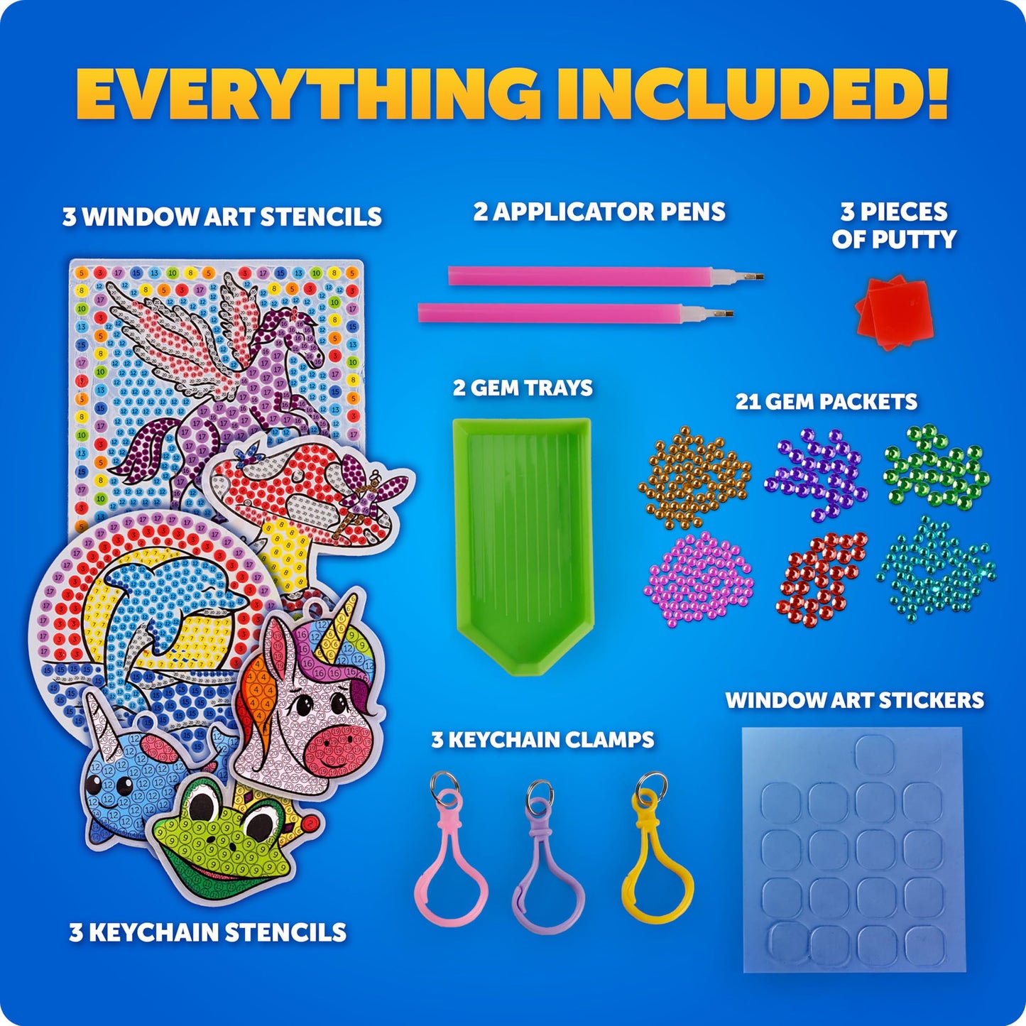 Blue Marble Ultimate Diamond Painting Kit for Kids - 6 Craft Activities with 1500+ Gems, Make 3 Window Art Pieces & 3 Keychains, Includes Applicator