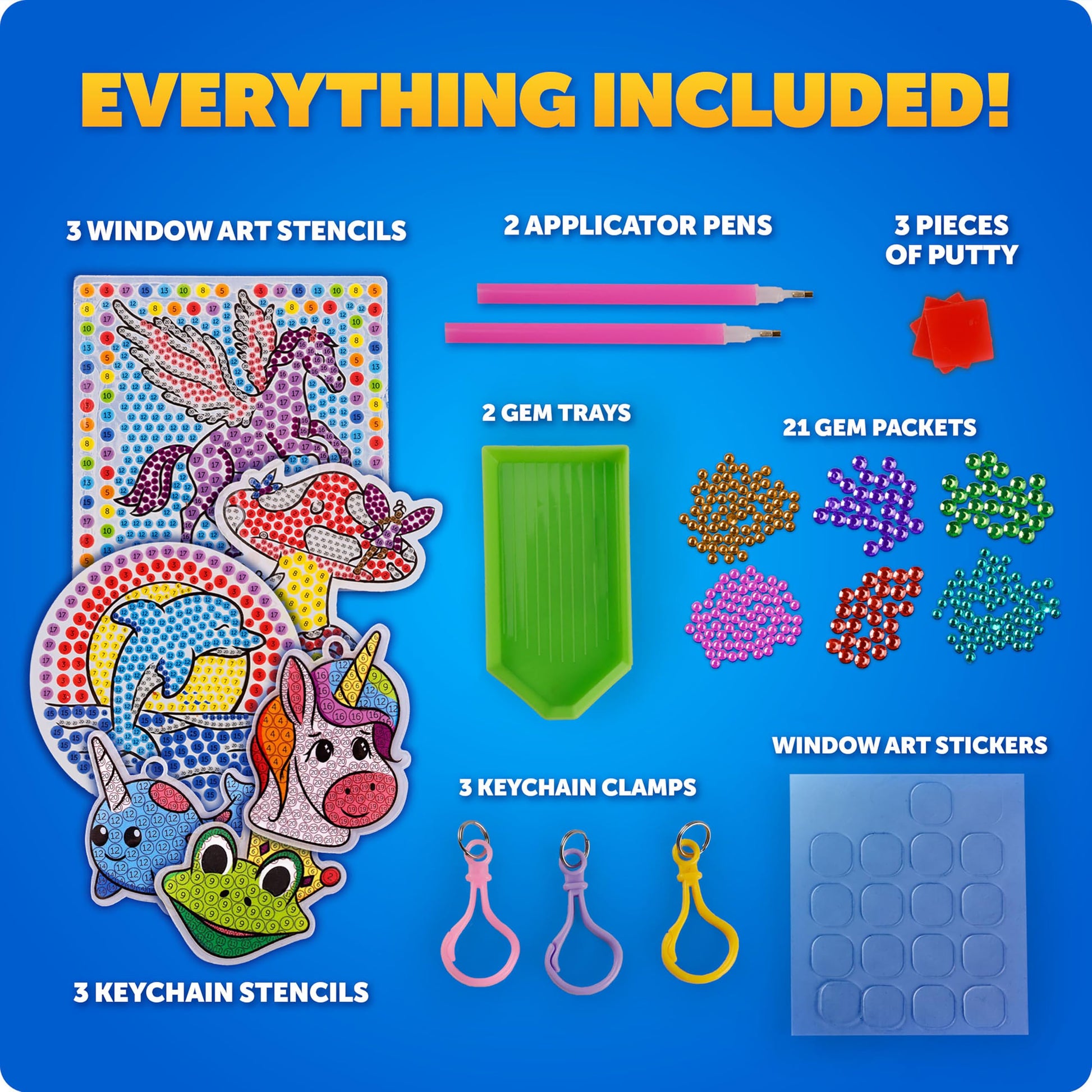 Blue Marble Ultimate Diamond Painting Kit for Kids - 6 Craft Activities with 1500+ Gems, Make 3 Window Art Pieces & 3 Keychains, Includes Applicator