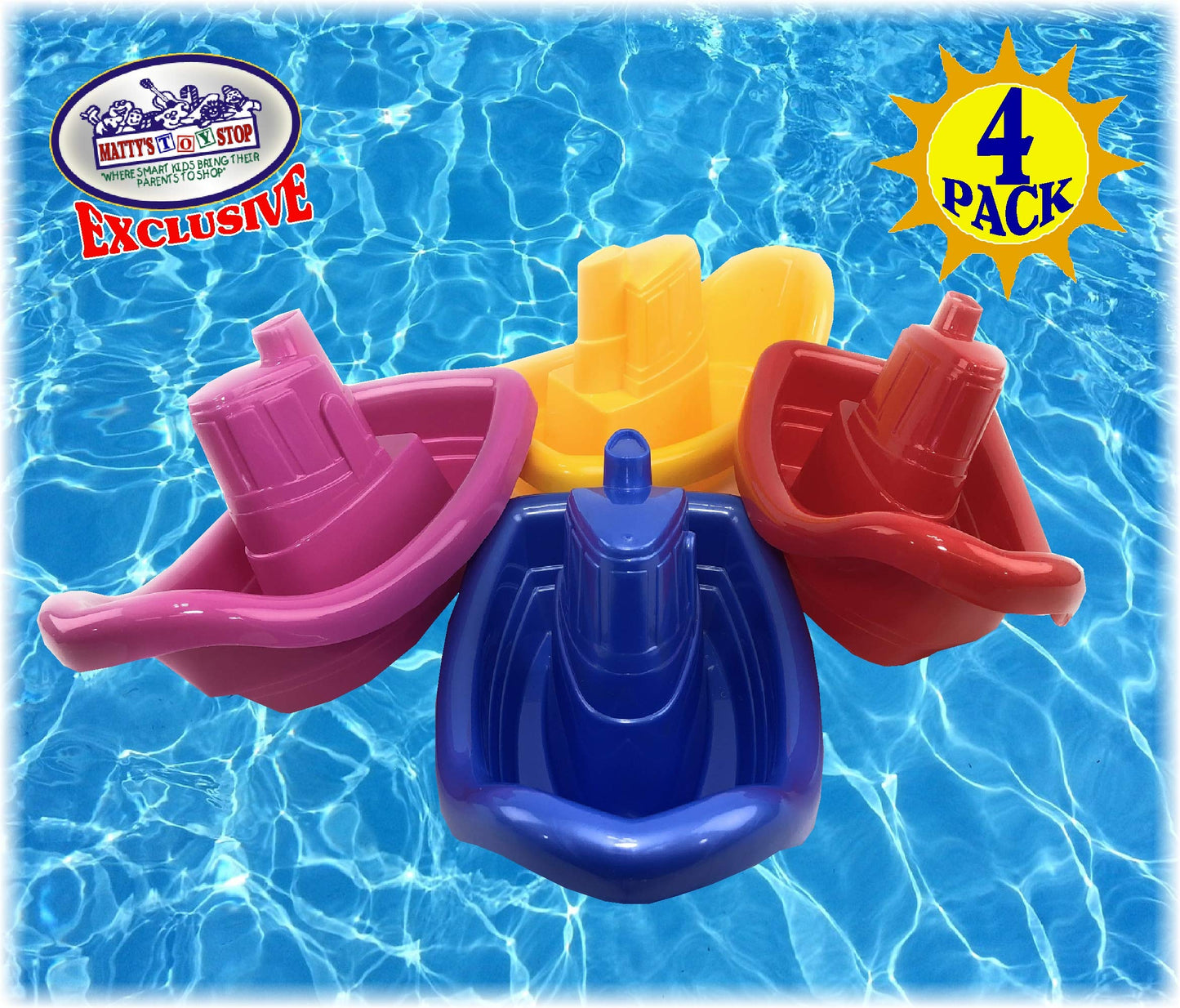 Matty's Toy Stop Plastic Nesting/Stacking Tug Boats (11") Red, Blue, Pink & Yellow Gift Set Bundle, Perfect for Bath, Pool, Beach Etc. - 4 Pack