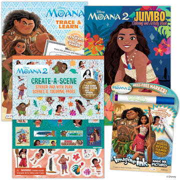 Disney Moana 2 Coloring Book Bundle for Kids - 4-Pack Princess Activity Set with Jumbo Coloring Book, Trace and Learn, 1200+ Stickers, and Mess-Free