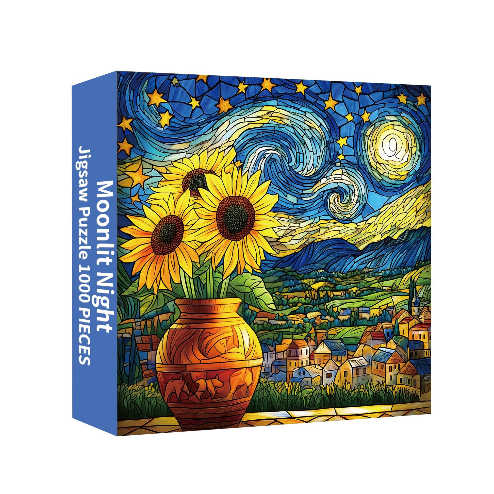 Starry Night Puzzle 1000 Pieces-Moonlit Night, Sunflower Puzzles for Adults 1000 Pieces, Impossible Stained Glass Puzzles for Seniors Family