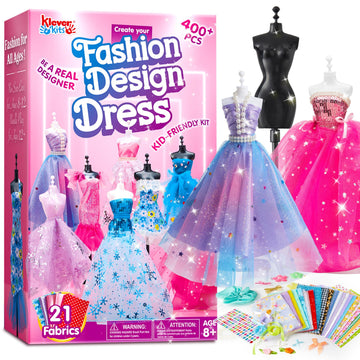 Klever Kits 400+PCS Fashion Design Crafts for Kids, Art and Crafts, DIY Sewing Kits with 3 Mannequins for Girls Aged 8-12, Birthday Presents, Toys