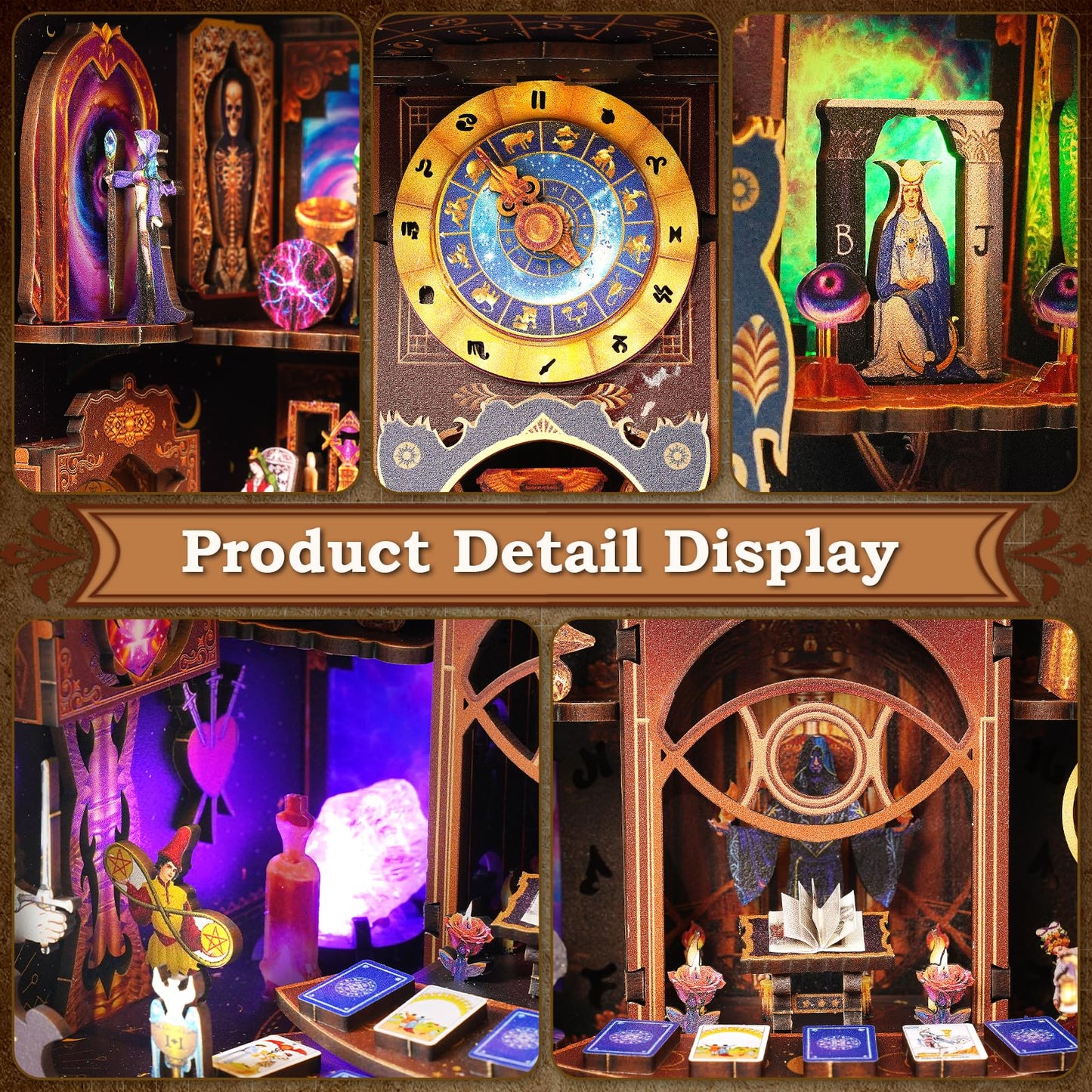 Book Nook Kit - Fantasy Tarot 3D Wooden Puzzle for Adults, Teens & Beginners, DIY Miniature Bookshelf Insert with LED Light, Mysterious Craft Gift