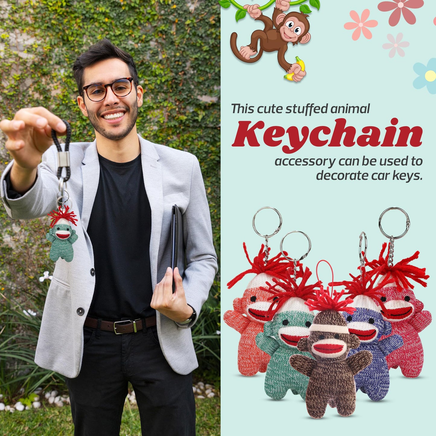Made By Aliens Sock Monkey Keychain 4 inch - Color of Sockiez Stuffed Animal Plush Toy - Premium Gift for Back to School kids & all ages - Cute