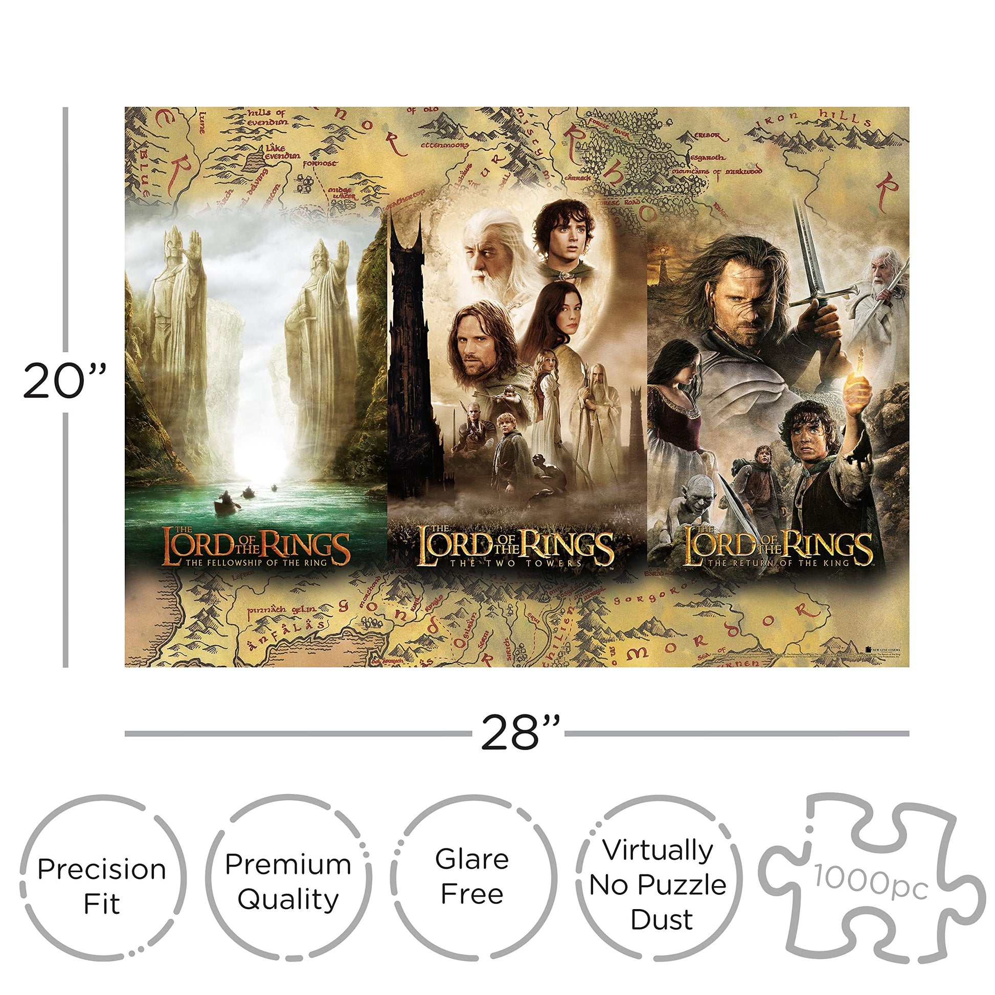 AQUARIUS Lord of the Rings 1000 Piece Jigsaw Puzzle for Adults - Movie Triptych LOTR Merchandise 20"x28" Tolkien Collectible Gift