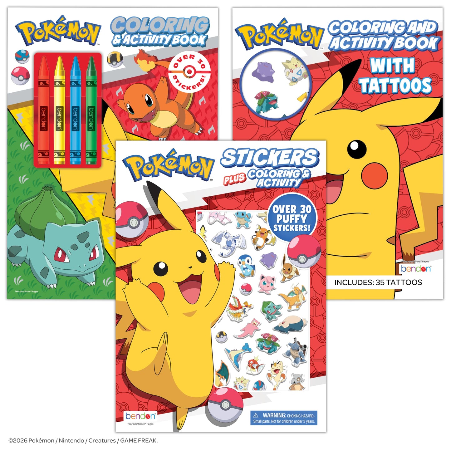 Pokémon Coloring Book Bundle for Kids - 3-Pack Activity Set with Coloring Books, Tattoos, Crayons, and Puffy Stickers, Ages 3+