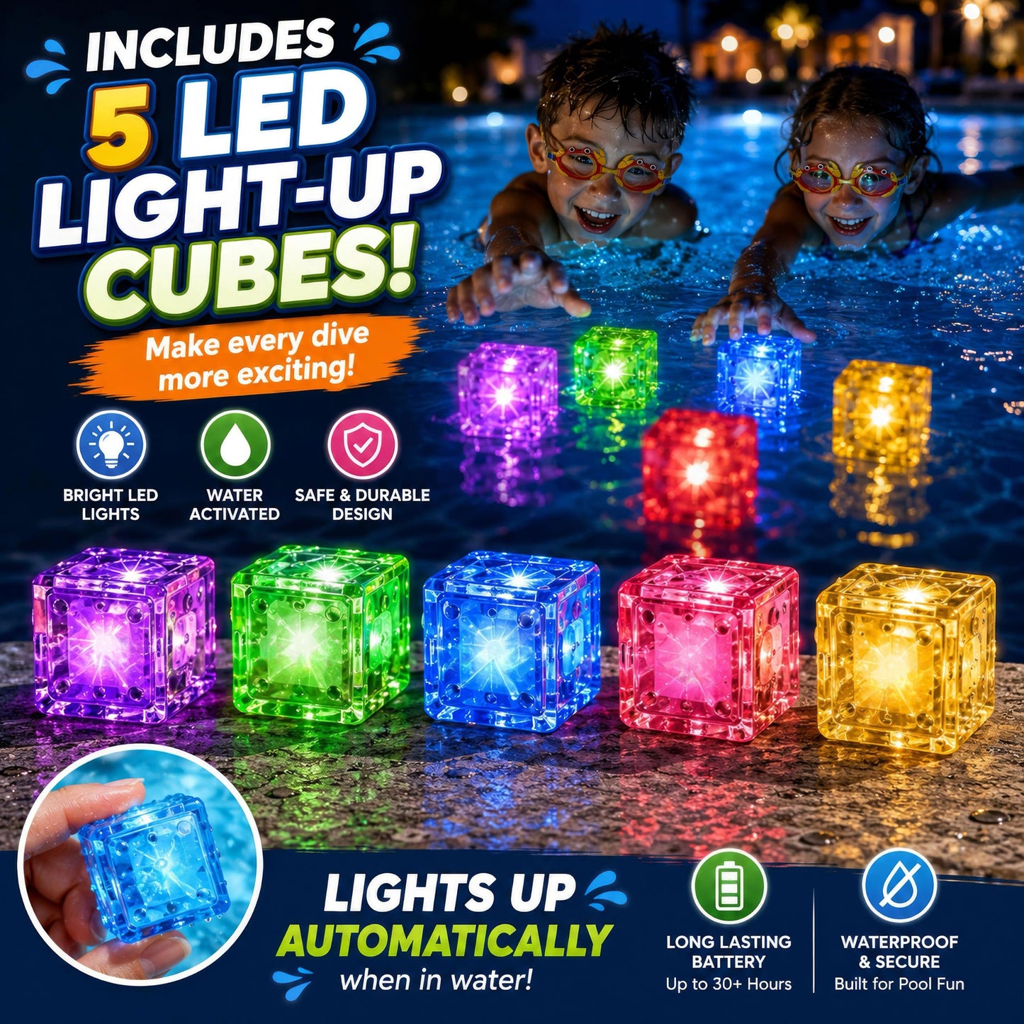 JoyX 35-Piece Glow Pool Diving Toys Set with LED Cubes, Goggles & Carry Bag
