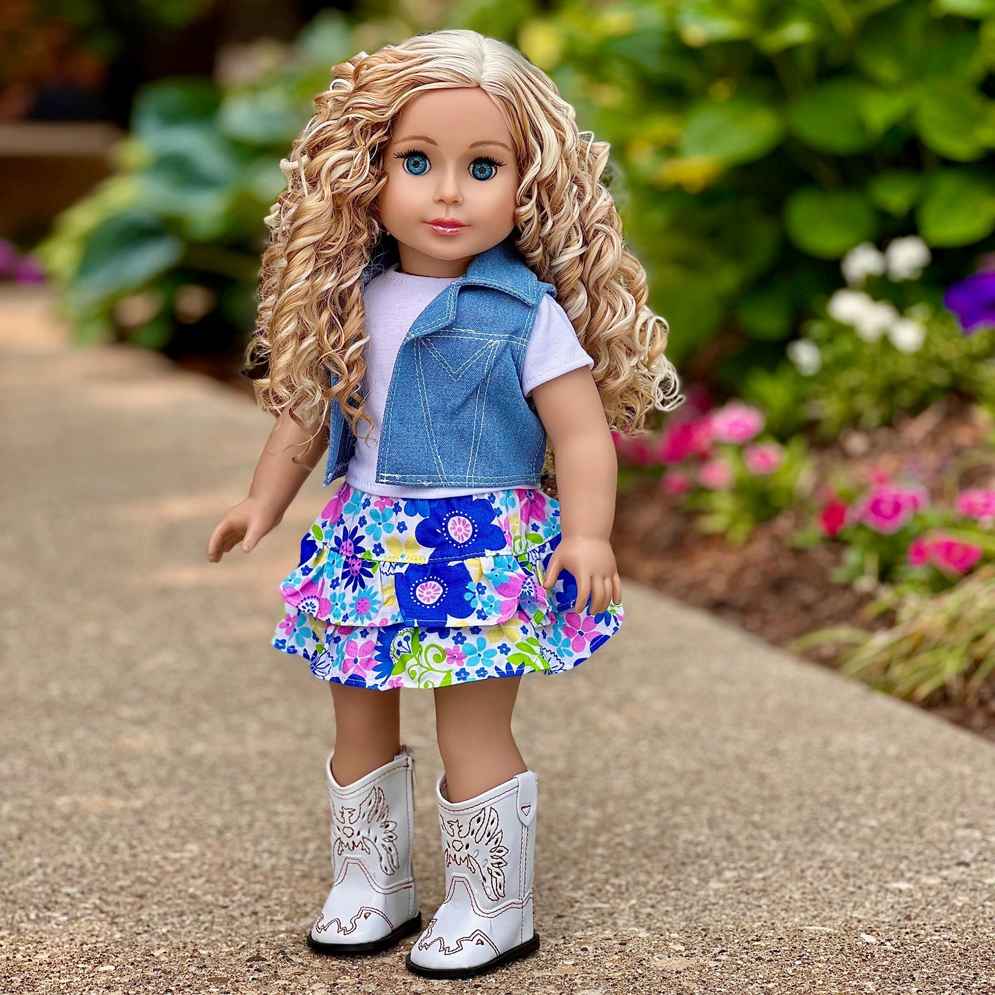 Feeling Happy - 4 Piece Outfit - Skirt, White T-Shirt, Blue Jeans Vest and White Cowgirl Boots - Clothes Fits 18 Inch Doll (Doll Not Included)