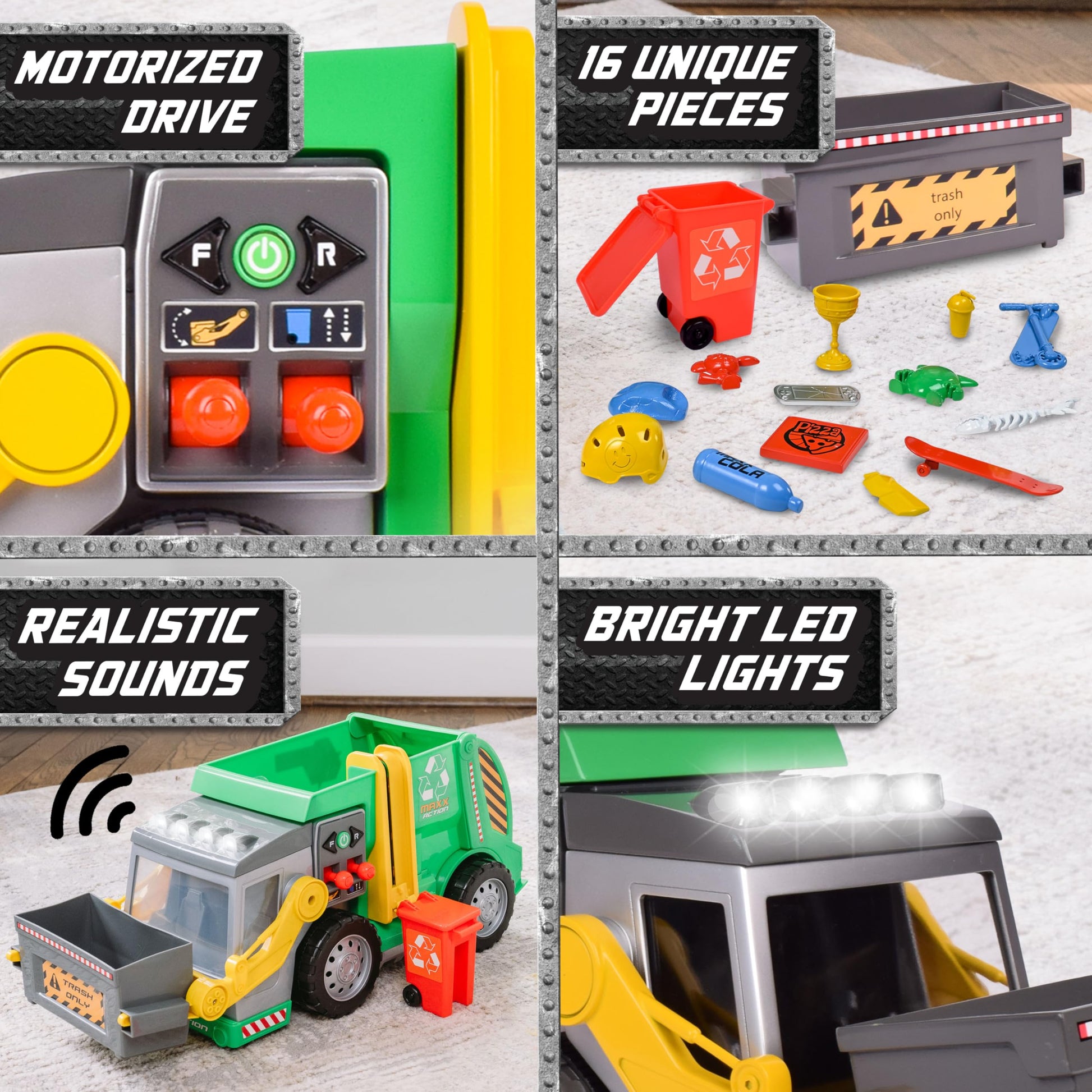 Maxx Action Large Motorized 19" Maxx Action Garbage Truck Toy Set with Lights and Sound Includes Dumpster, Trash Bin and Miniature Trash Pieces