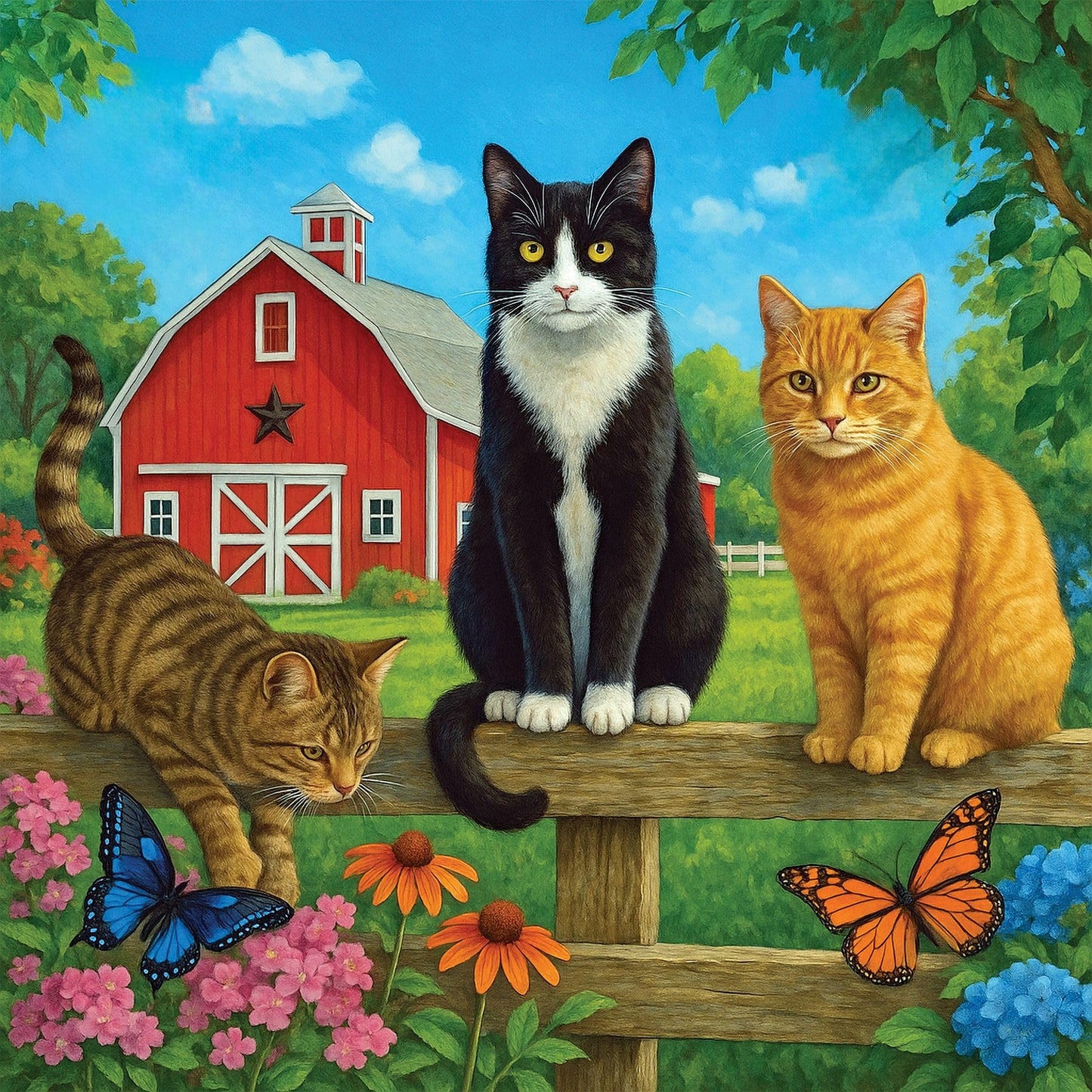 Springbok Farm Cats 500 Piece Jigsaw Puzzle for Adults & Family - Poster Now Included - Country Farm Art, Playful Cats Illustration - Unique Cut