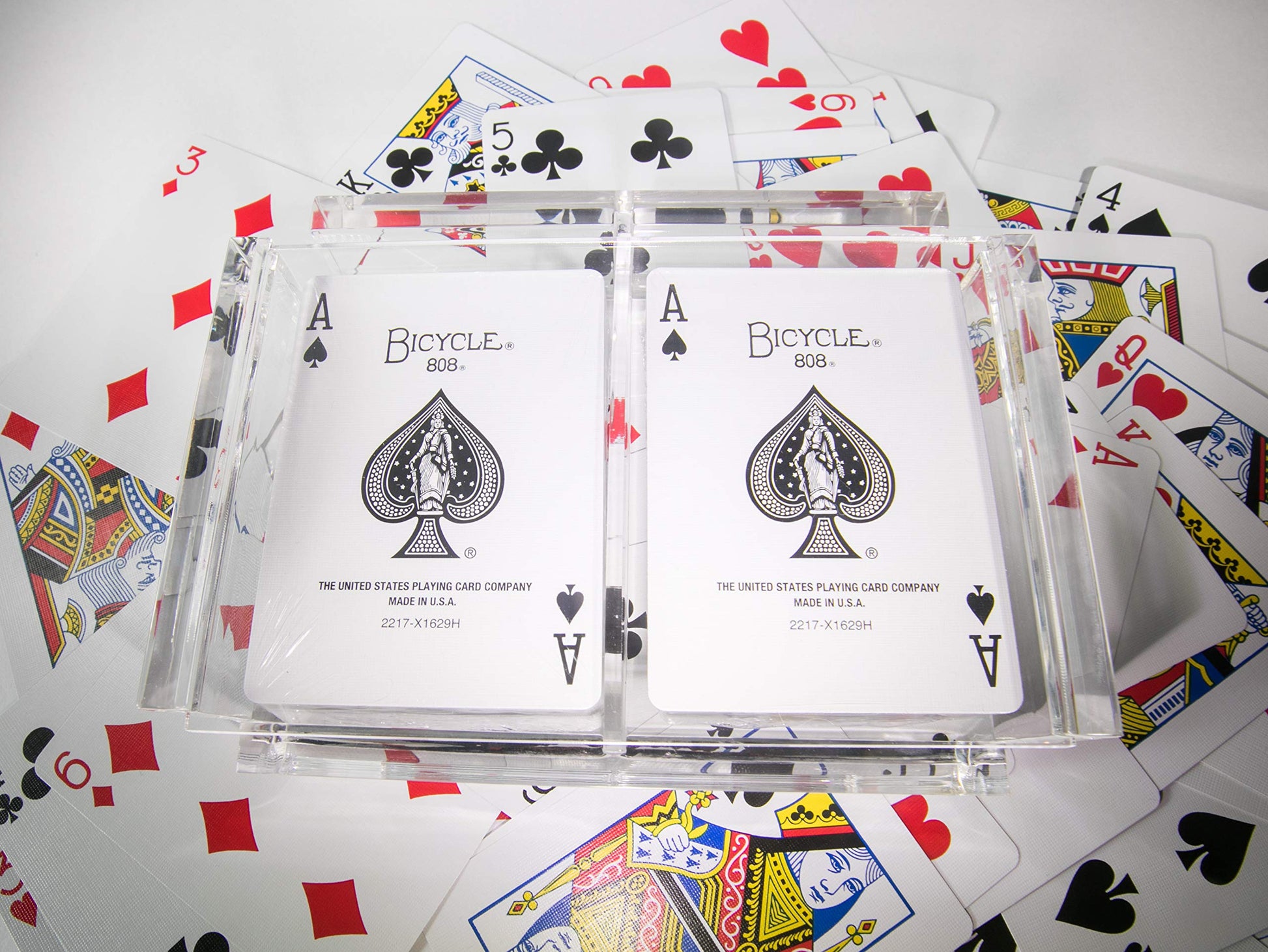 Luxe Dominoes Modern Elegant Playing Card Deck Holder Tray with 2 Decks of Playing Cards in Unique Stylish Deluxe Acrylic Box with Color lid (Neon