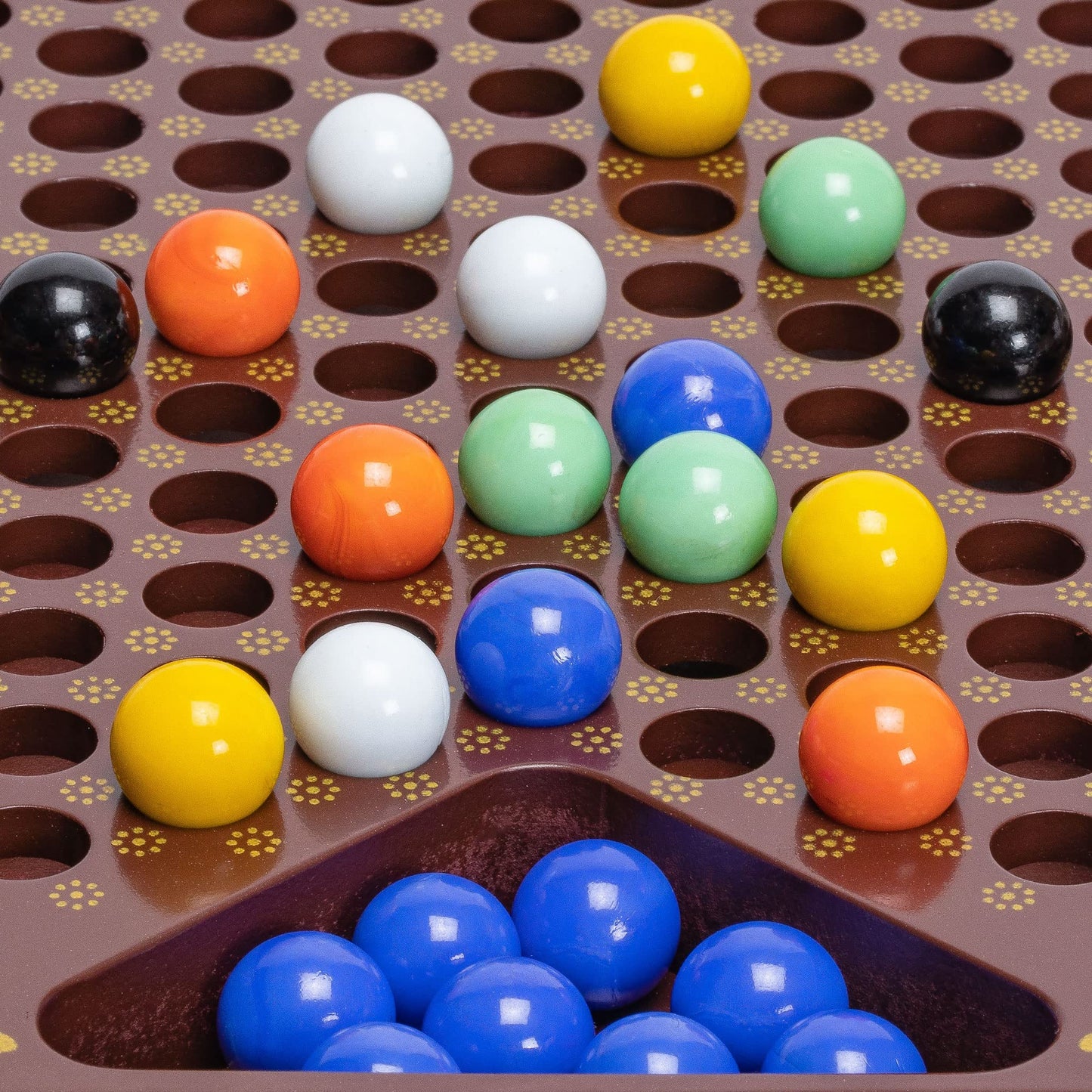 Yellow Mountain Imports Classic Chinese Checkers Halma Board Game Set with Storage, 12.6-inch Wooden Board, and Solid Color 16-Millimeter Glass