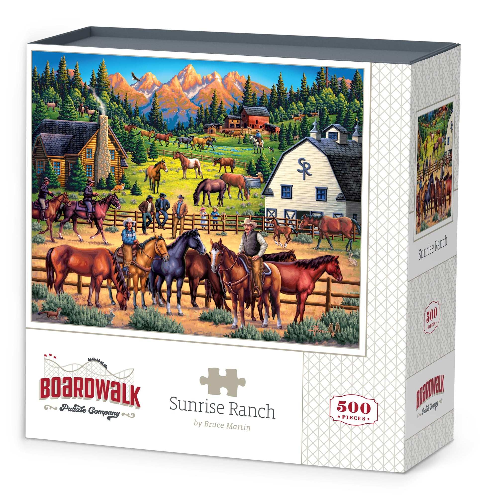 Boardwalk Sunrise Ranch 500 Piece Jigsaw Puzzle Scenic Mountain Horses Puzzles with Premium Box, Gift for Adults and Family 16"x20"
