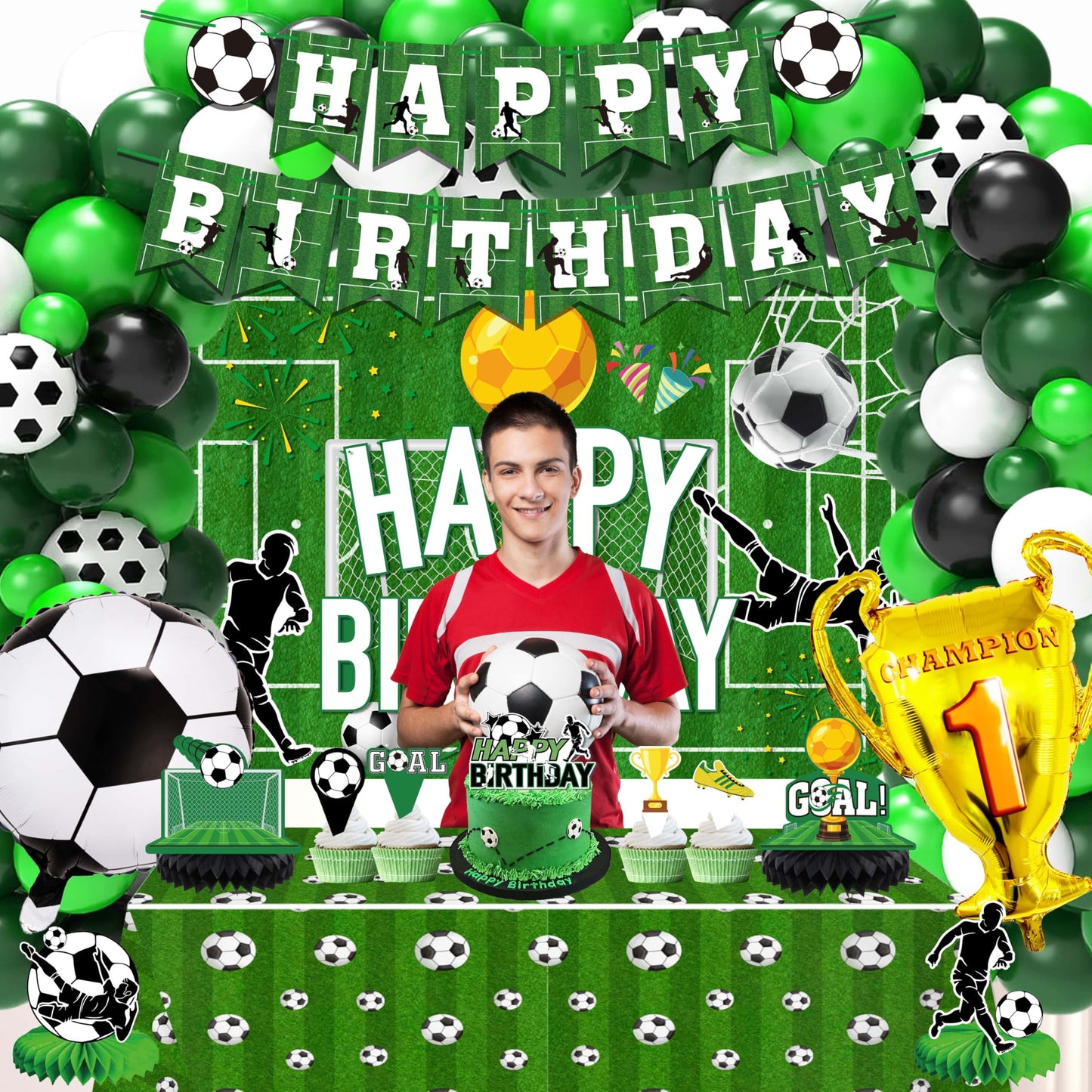 jenlion Soccer Birthday Party Decorations, 120Pcs Kit with Tablecloth, Backdrop Banner, Cake Topper, Balloons, Centerpieces & More for Boy