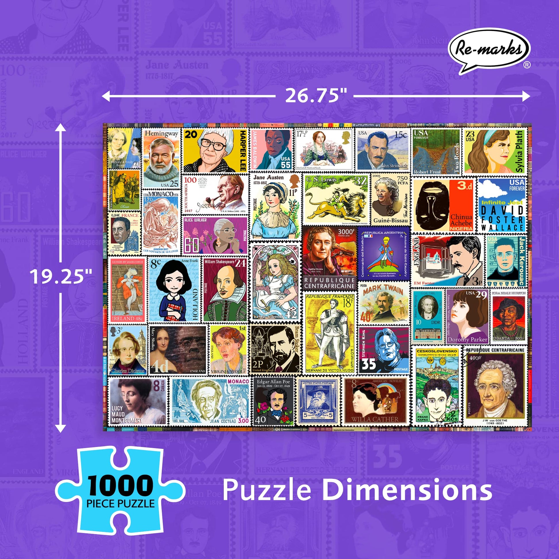Re-marks Famous Authors Postage-Stamp Collage Puzzle, 1000 Piece Jigsaw Puzzle for All Ages