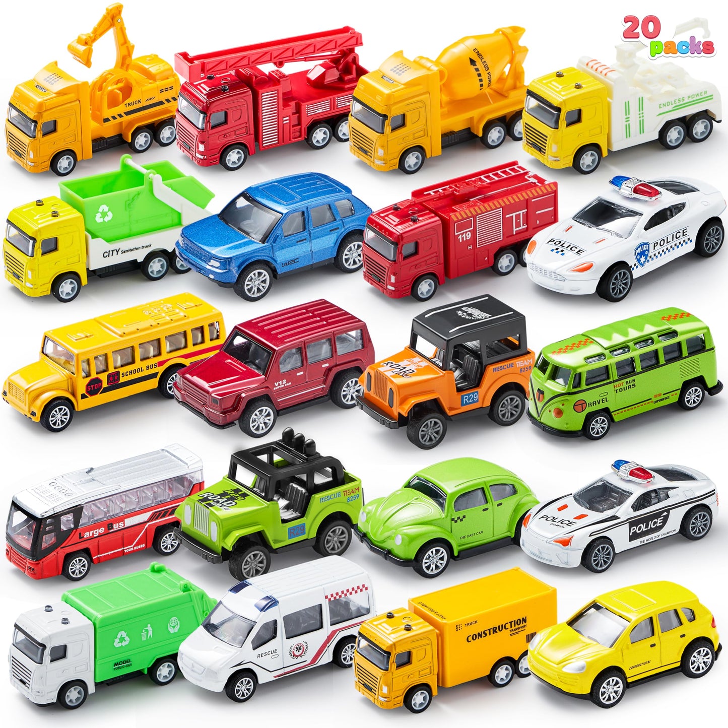 JOYIN 20PCS Die Cast Pull Back Cars, Metal Toy Cars, Car Toys Bulk, Vehicle Set for Toddlers, Kids Party Favors, Cake Toppers, Stocking Stuffers, Race