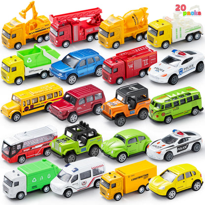 JOYIN 20PCS Die Cast Pull Back Cars, Metal Toy Cars, Car Toys Bulk, Vehicle Set for Toddlers, Kids Party Favors, Cake Toppers, Stocking Stuffers, Race