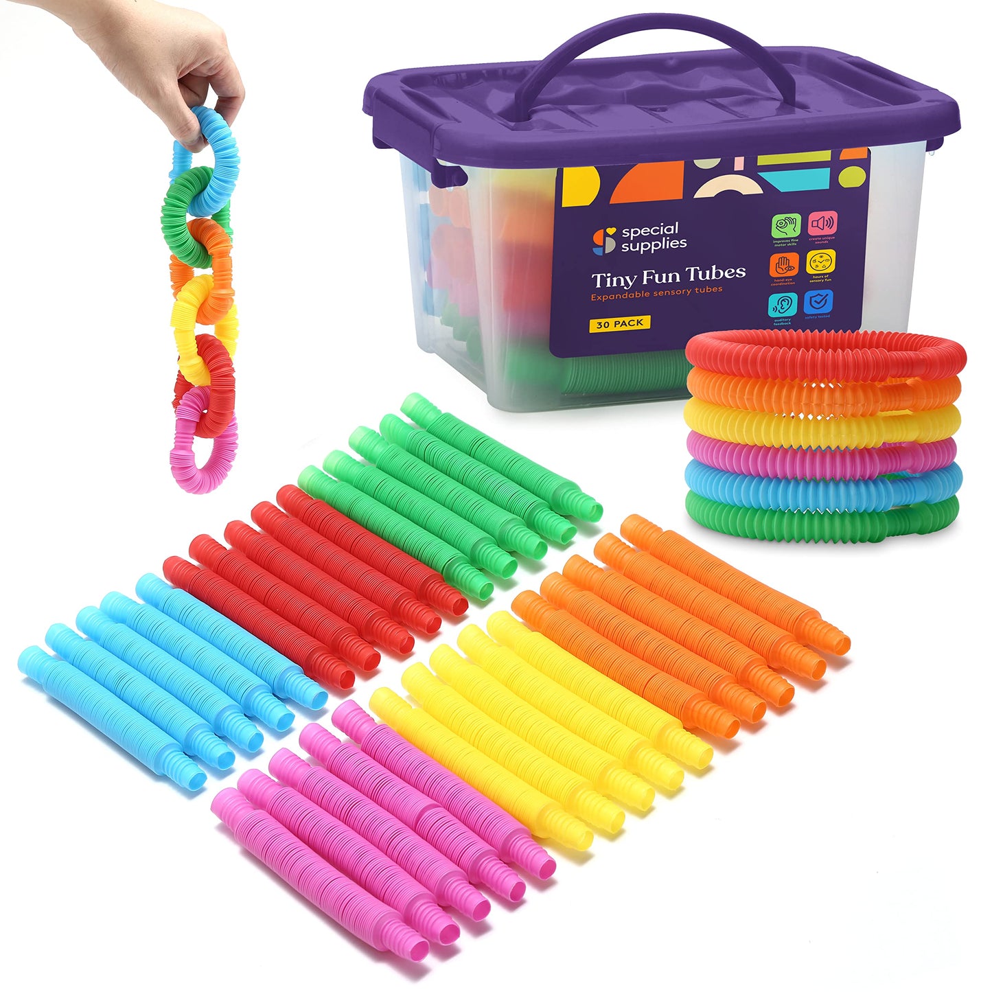 Special Supplies 30-Pack MINI Fun Pull and Pop Fun Tubes Mini for Kids Stretch, Bend, Build, and Connect Toy, Provide Tactile and Auditory Sensory