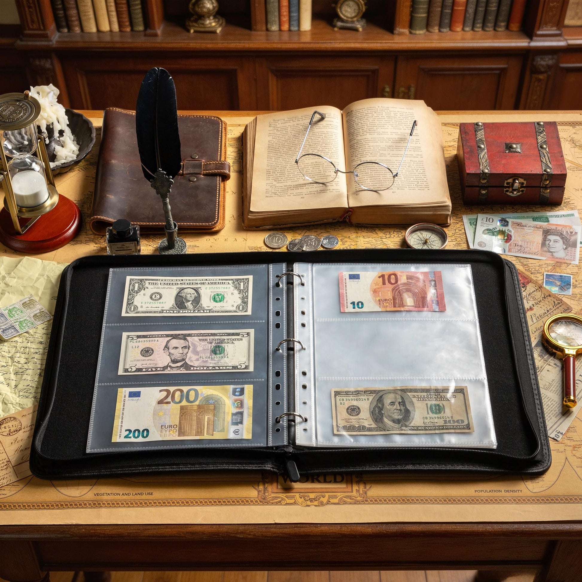Uncle Paul Money Book - Leather Zipper Binder with Currency Pages Set Binders with 40 Sheets-240 Pockets Double-Sided Inserts Collecting Sleeves for